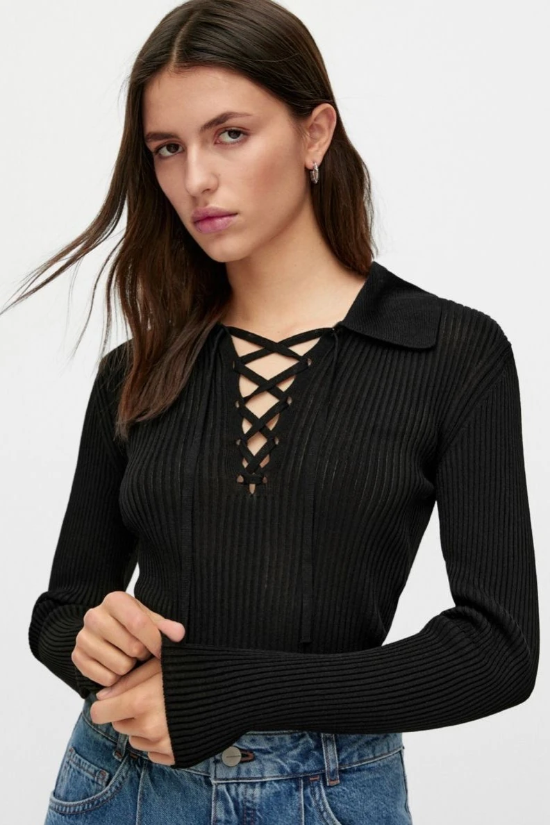 MD Önü Bağlamalı Jakarlı Bluz - Siyah