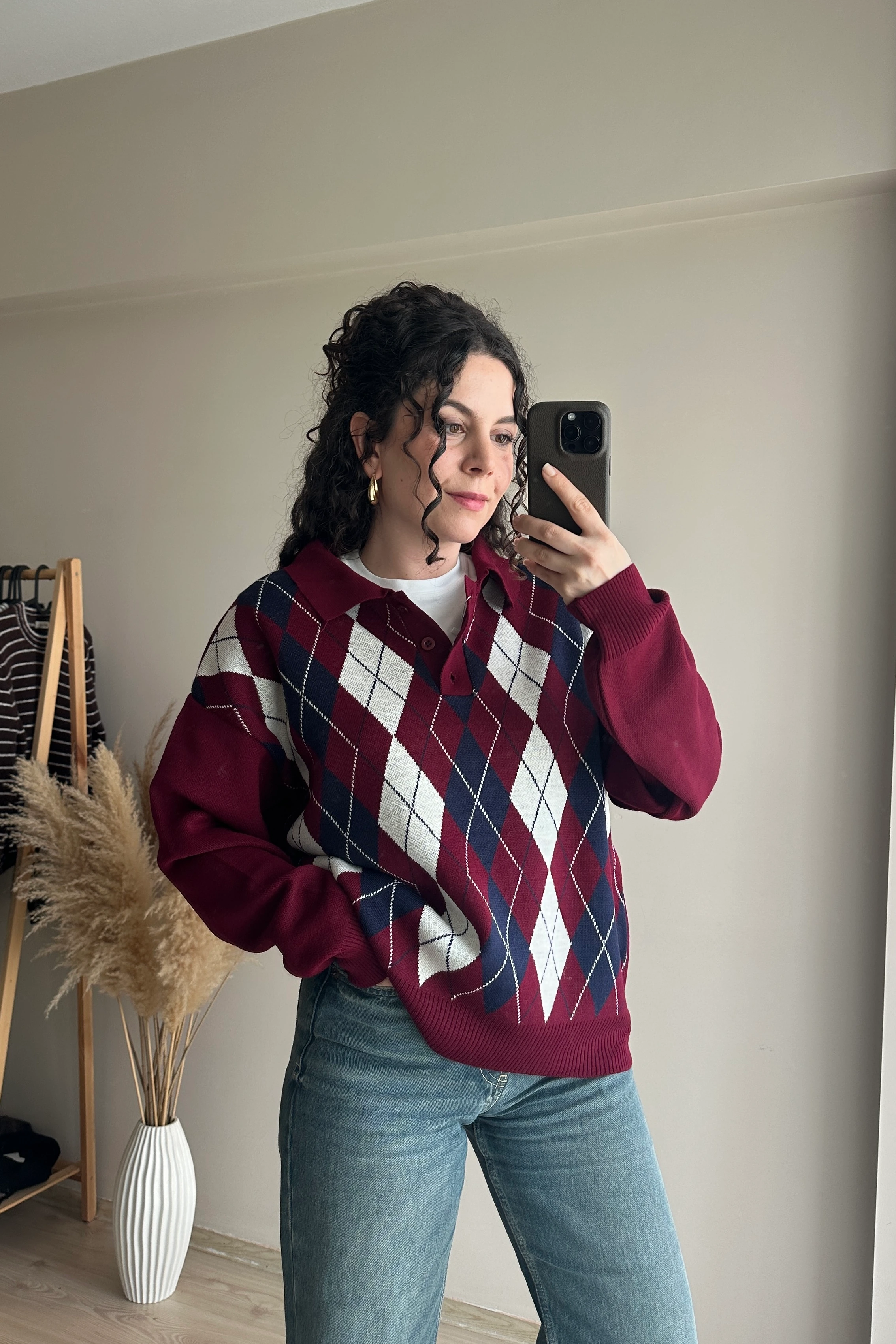 Baklava Desenli Polo Yaka Kazak