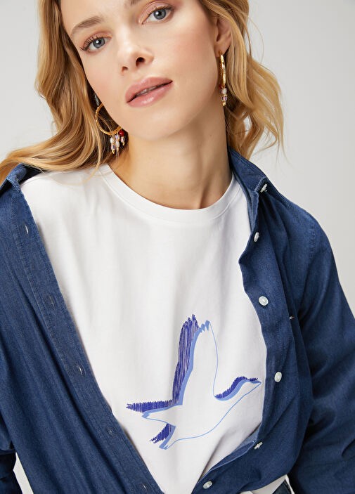 Kuş Baskılı %100 Pamuk Tshirt