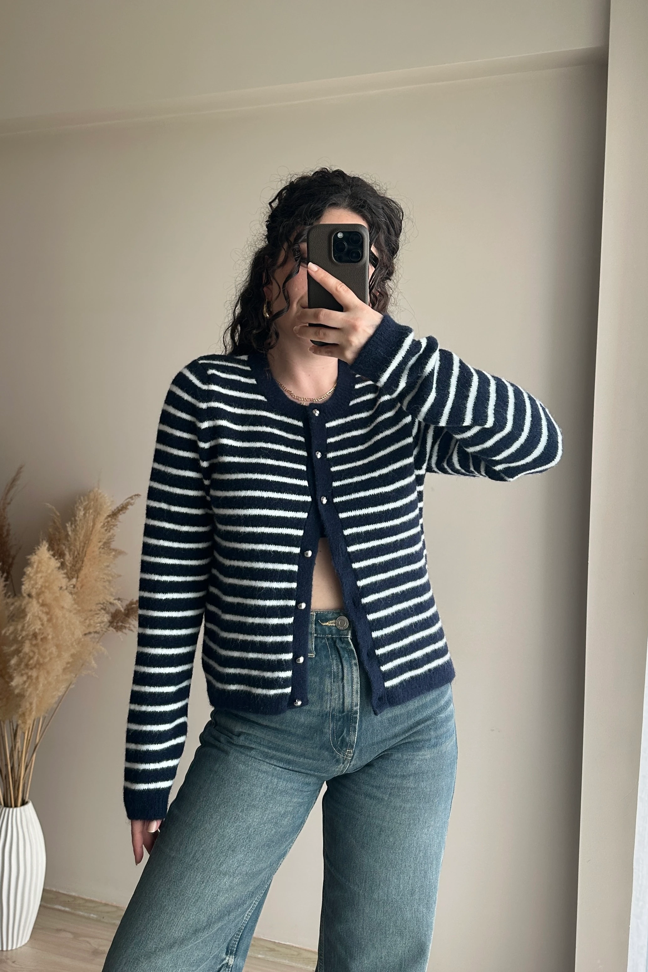 Metal Düğmeli Çizgili Hırka - Lacivert