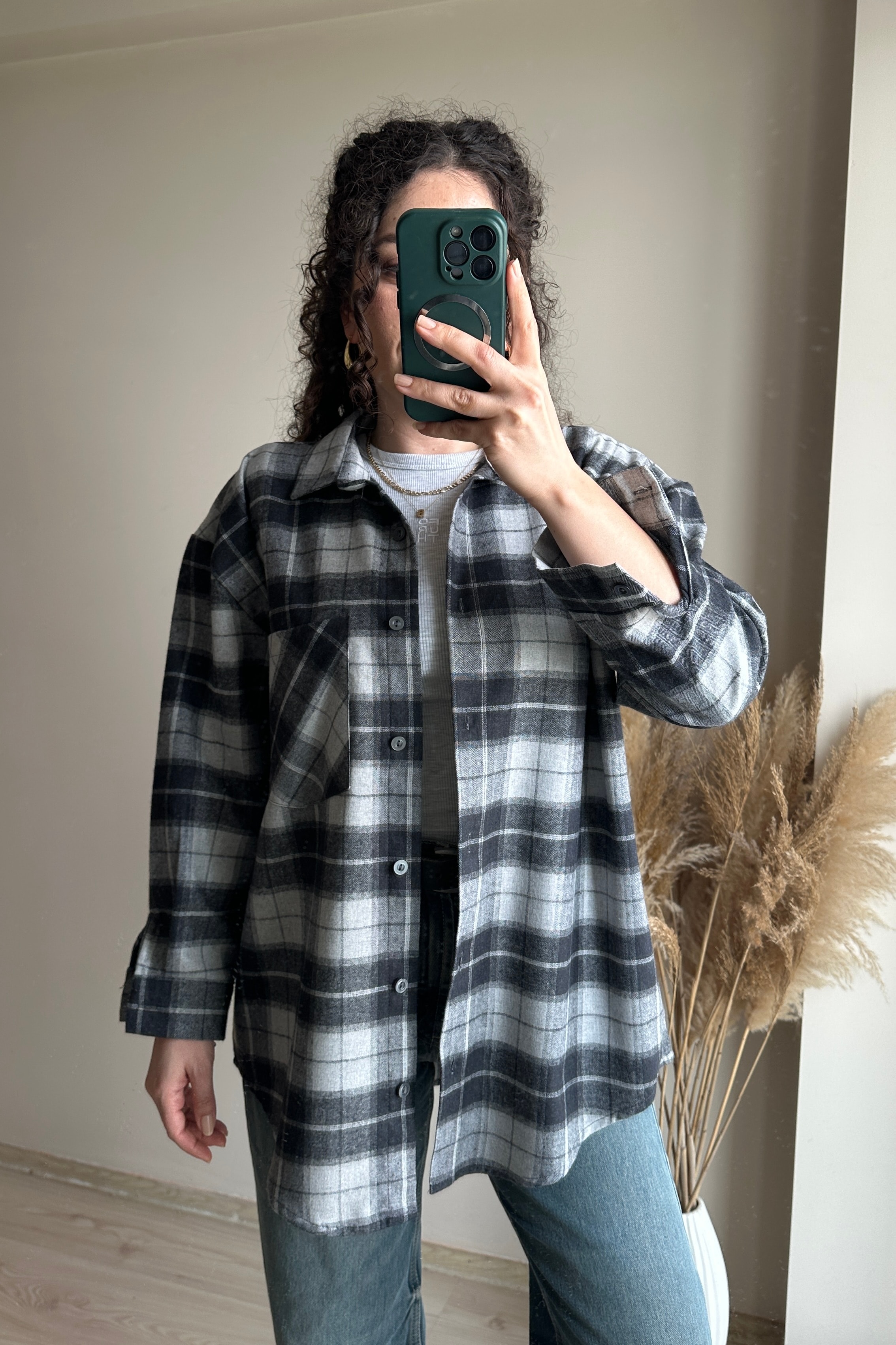 Ekose Oversize Gömlek - %100 Pamuk - Siyah