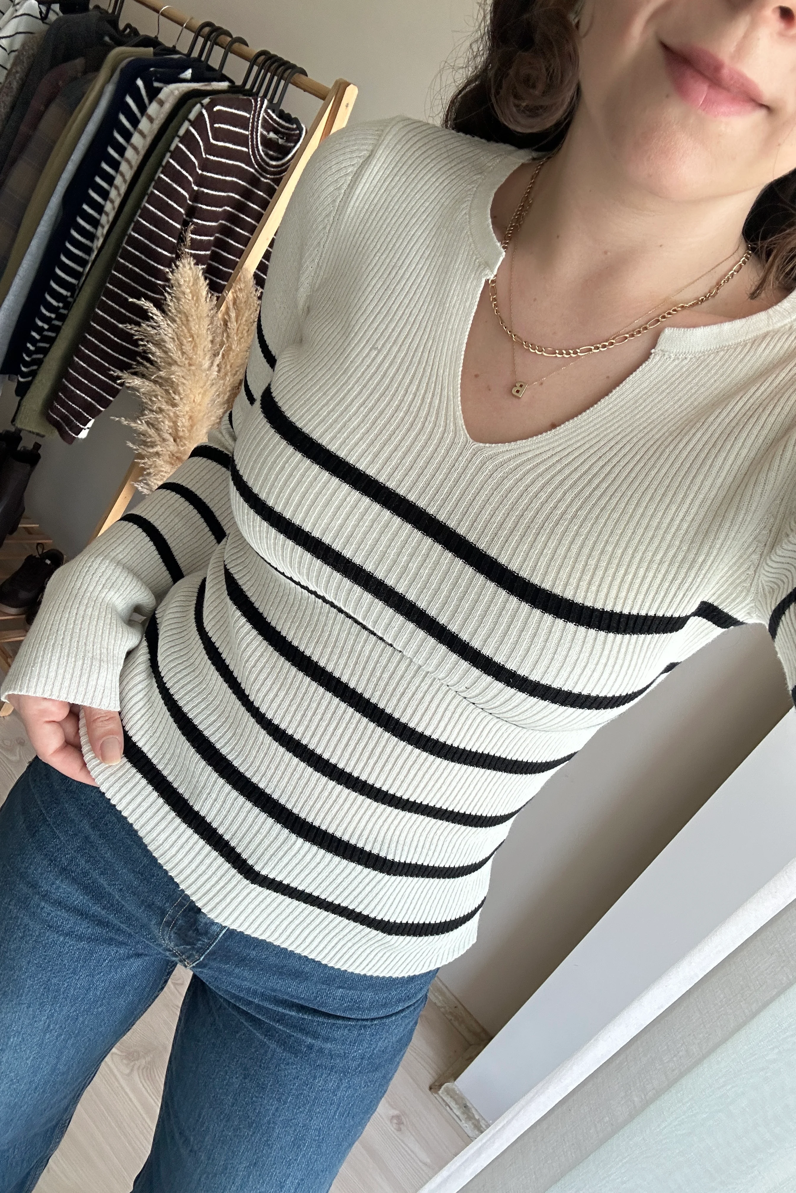 ZR V yaka Çizgili Triko Bluz