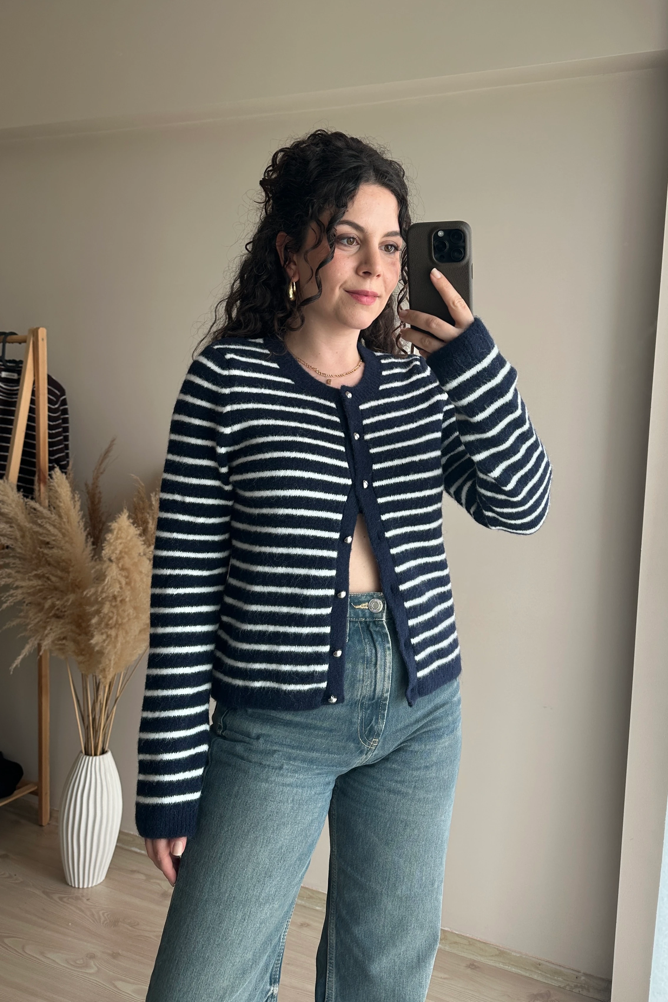 Metal Düğmeli Çizgili Hırka - Lacivert