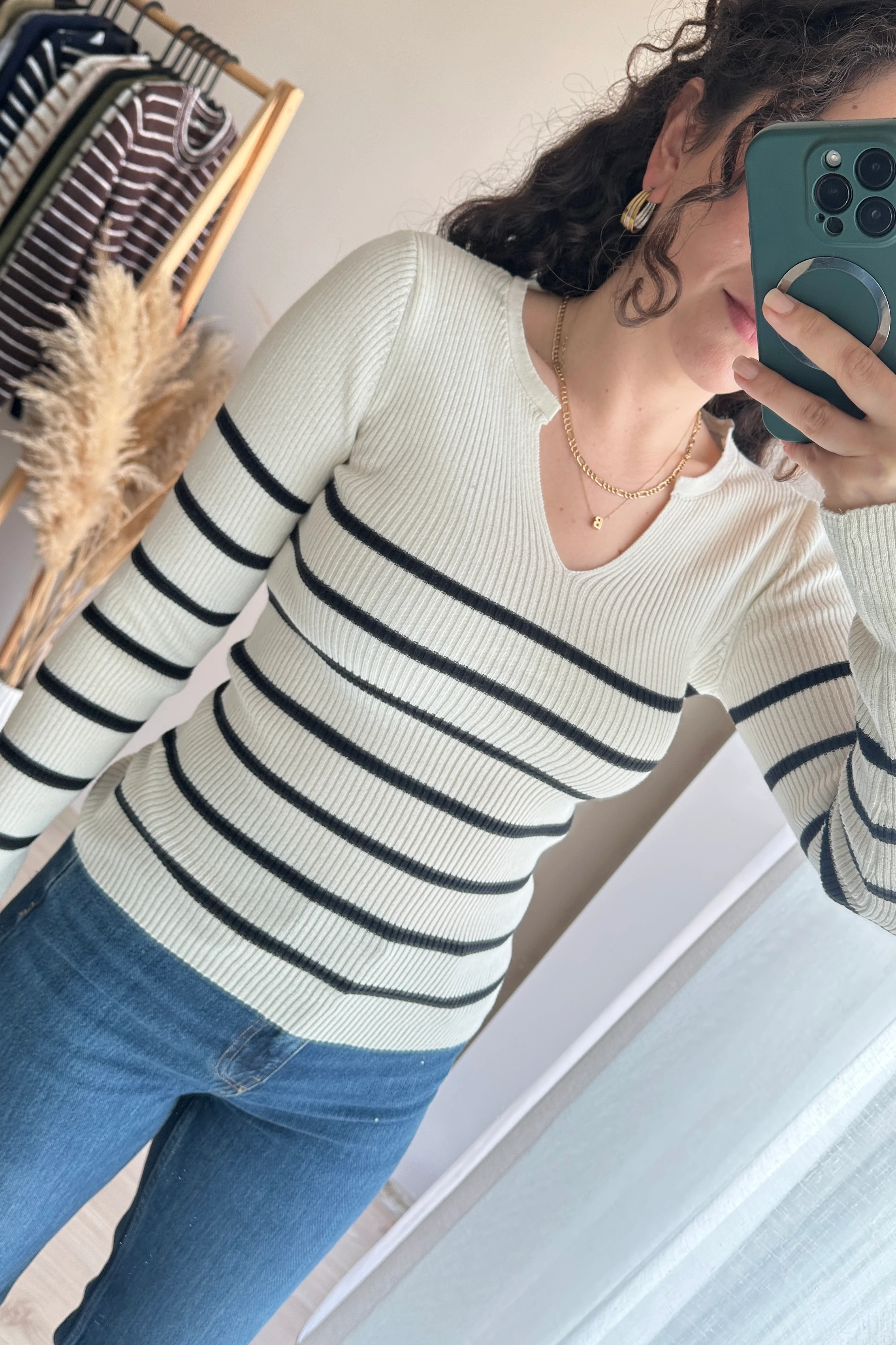 ZR V yaka Çizgili Triko Bluz