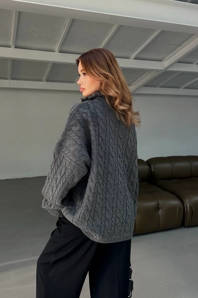 Yarım Fermuarlı Saç Örgü Oversize Kazak