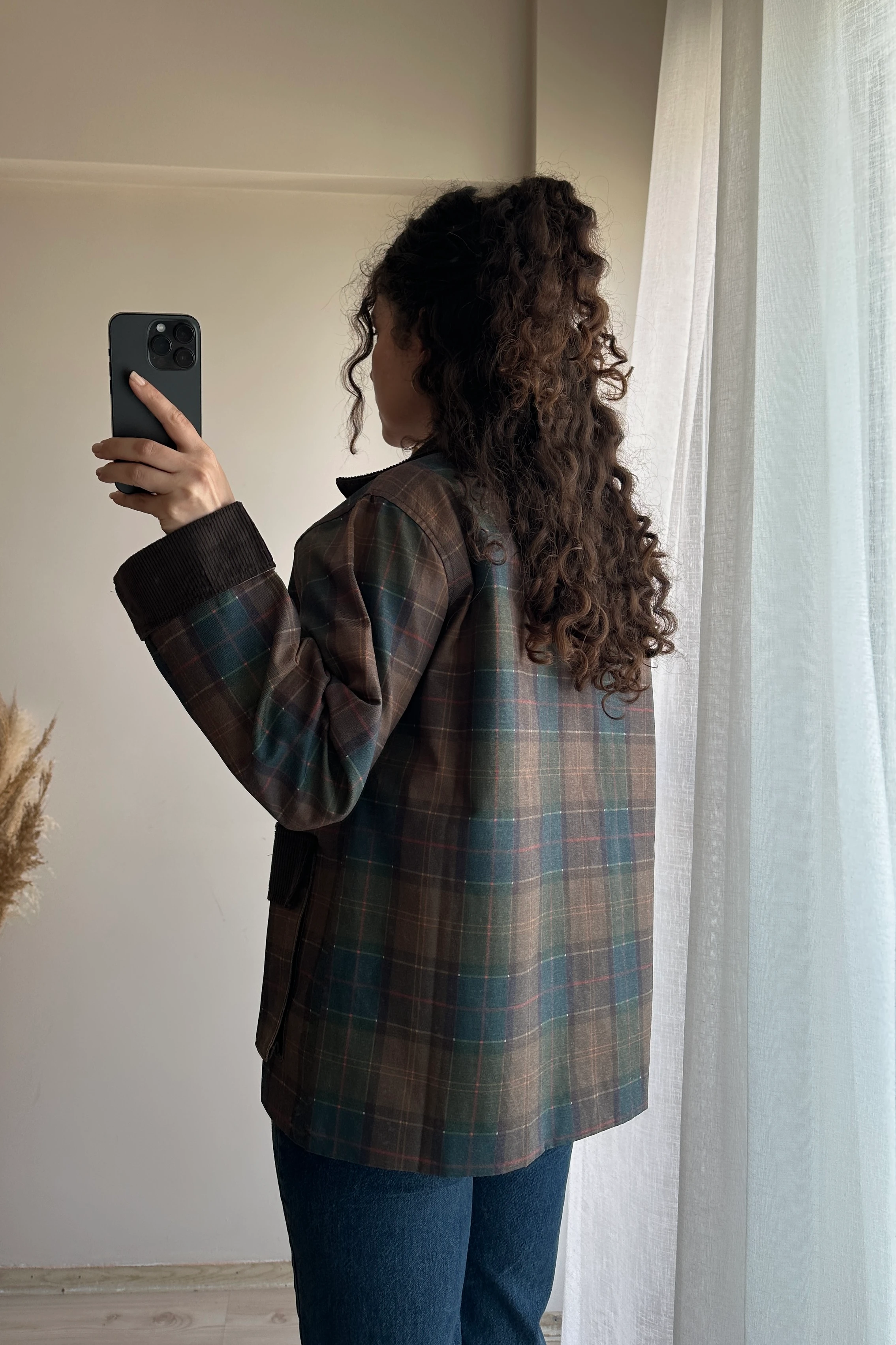 Kadife Detaylı Ekose Ceket - Yeşil