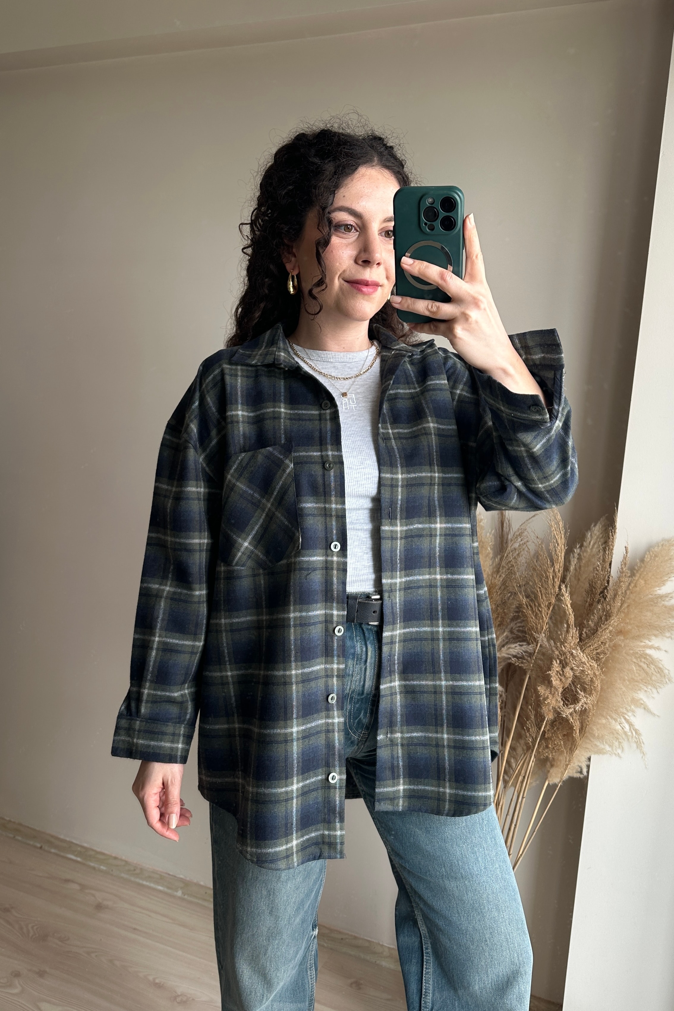 Ekose Oversize Gömlek - %100 Pamuk - Yeşil
