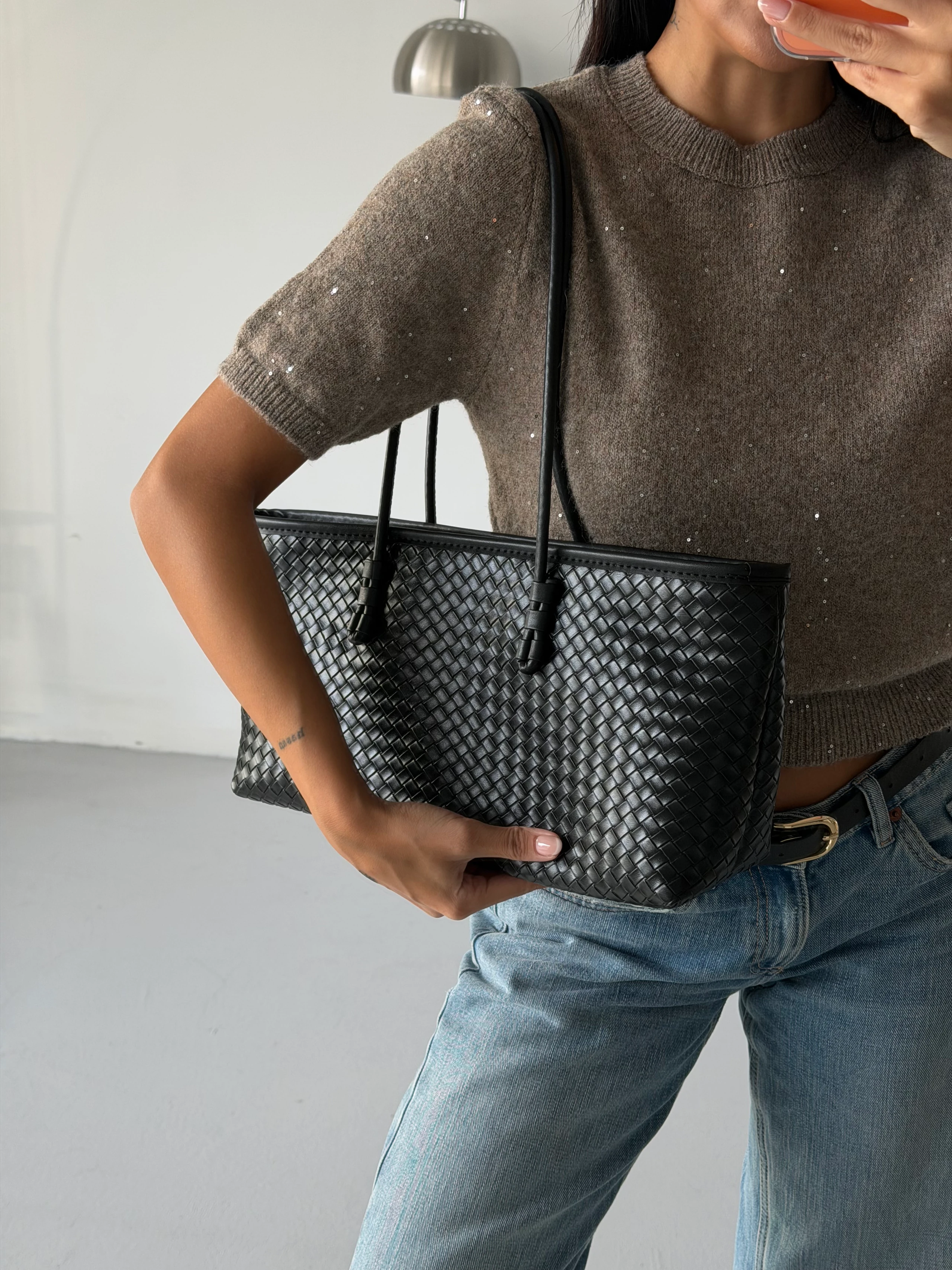 Örgü Desenli Omuz Çantası - Siyah