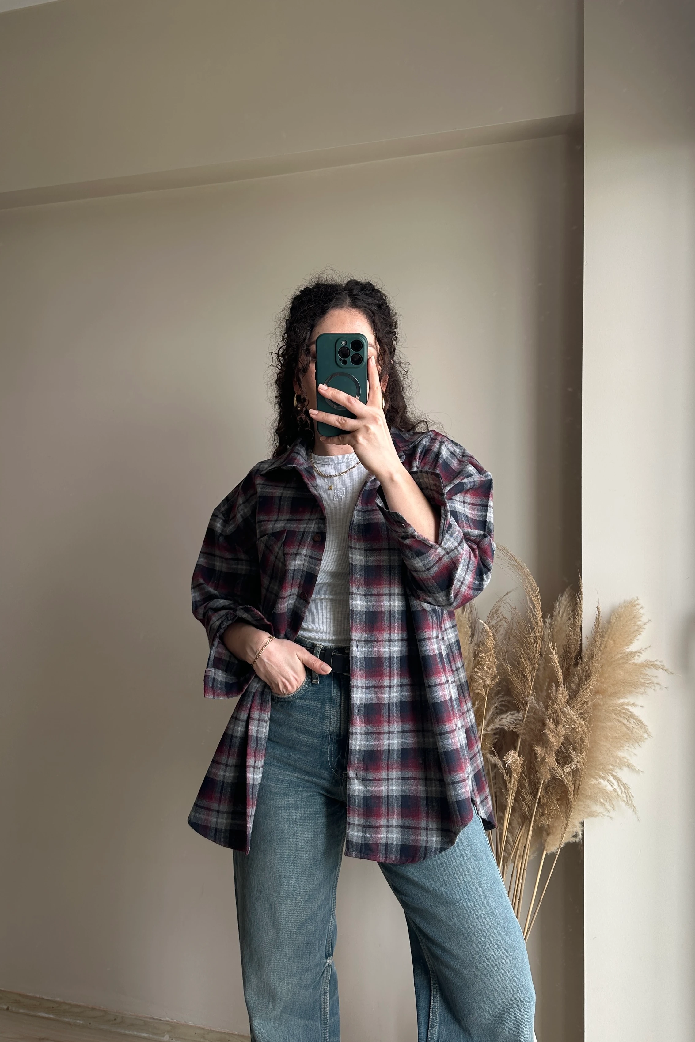 Ekose Oversize Gömlek - %100 Pamuk - Gri