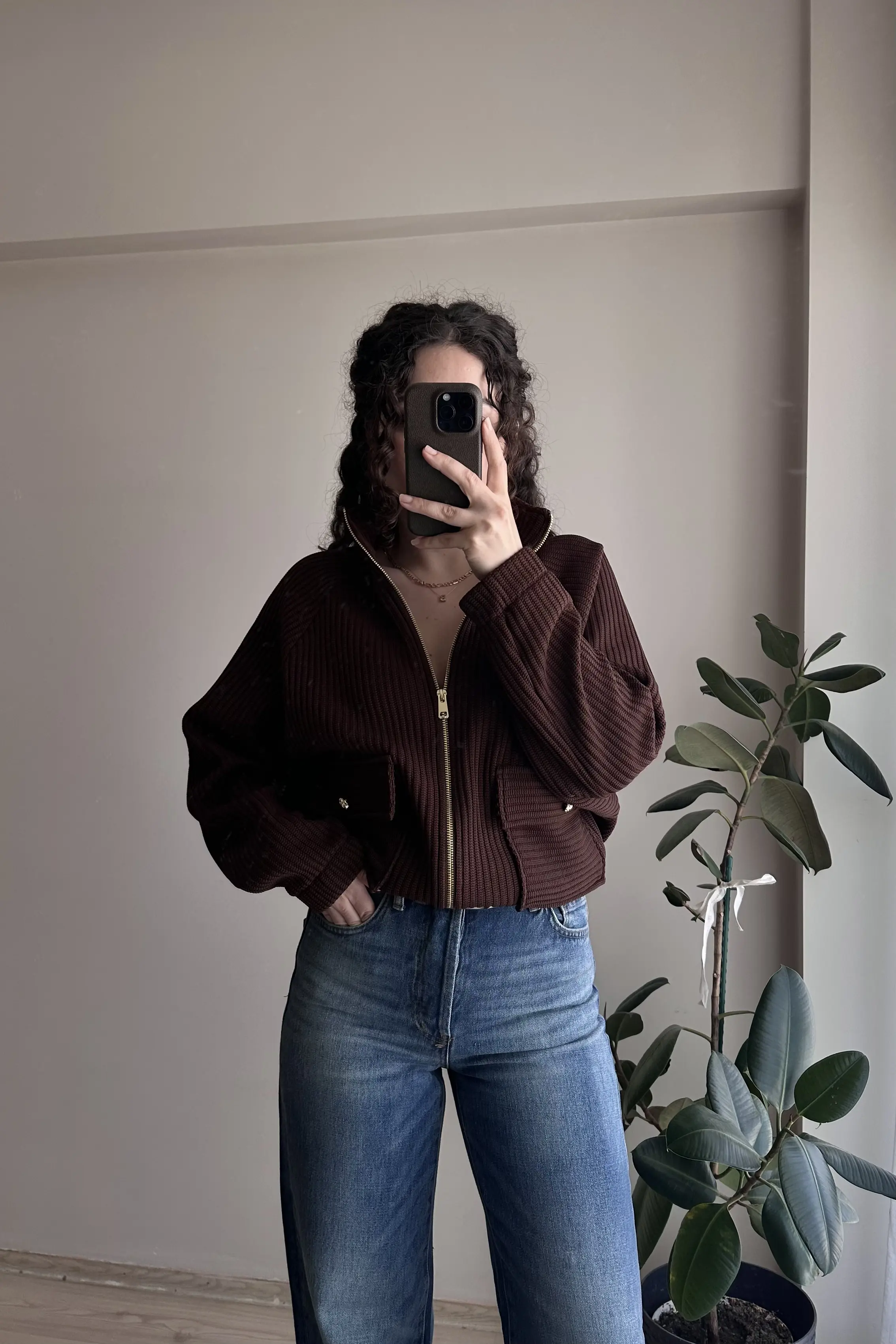 ZR Gold Detaylı Triko Ceket - Kahverengi