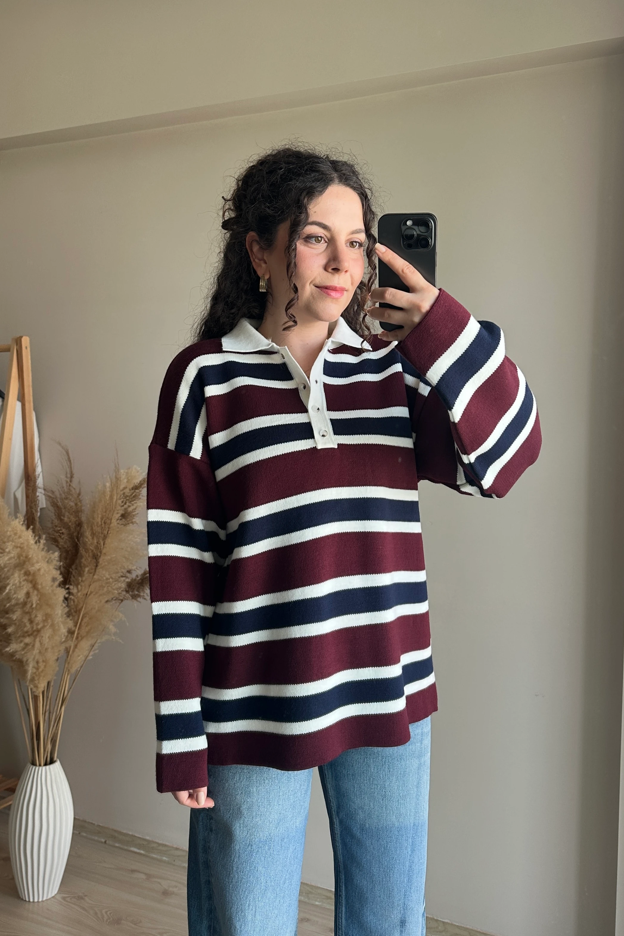 Kalın Çizgili Polo Yaka Kazak