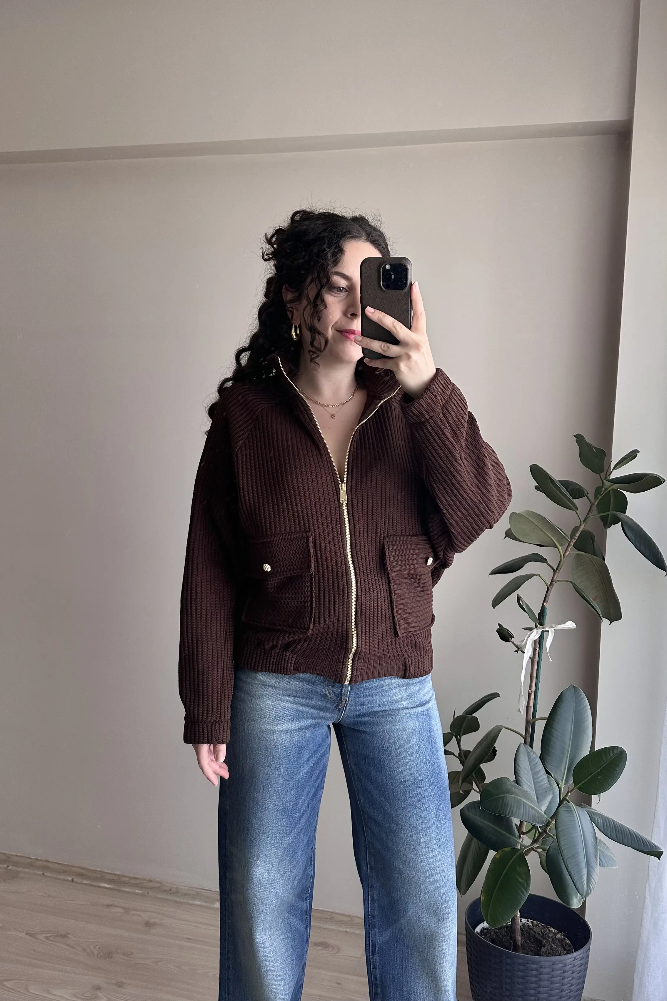 ZR Gold Detaylı Triko Ceket - Kahverengi