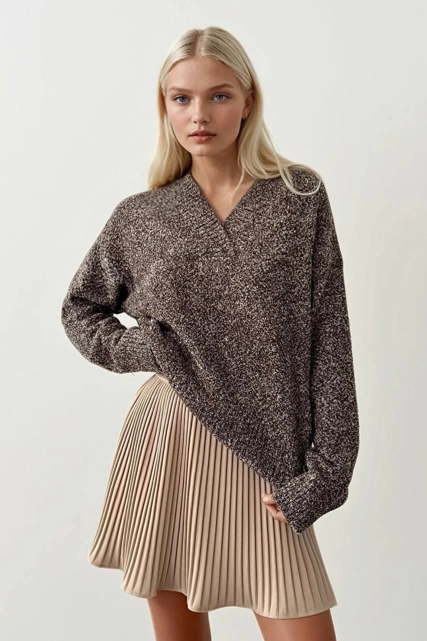 Dokulu V Yaka Kazak - Kahverengi