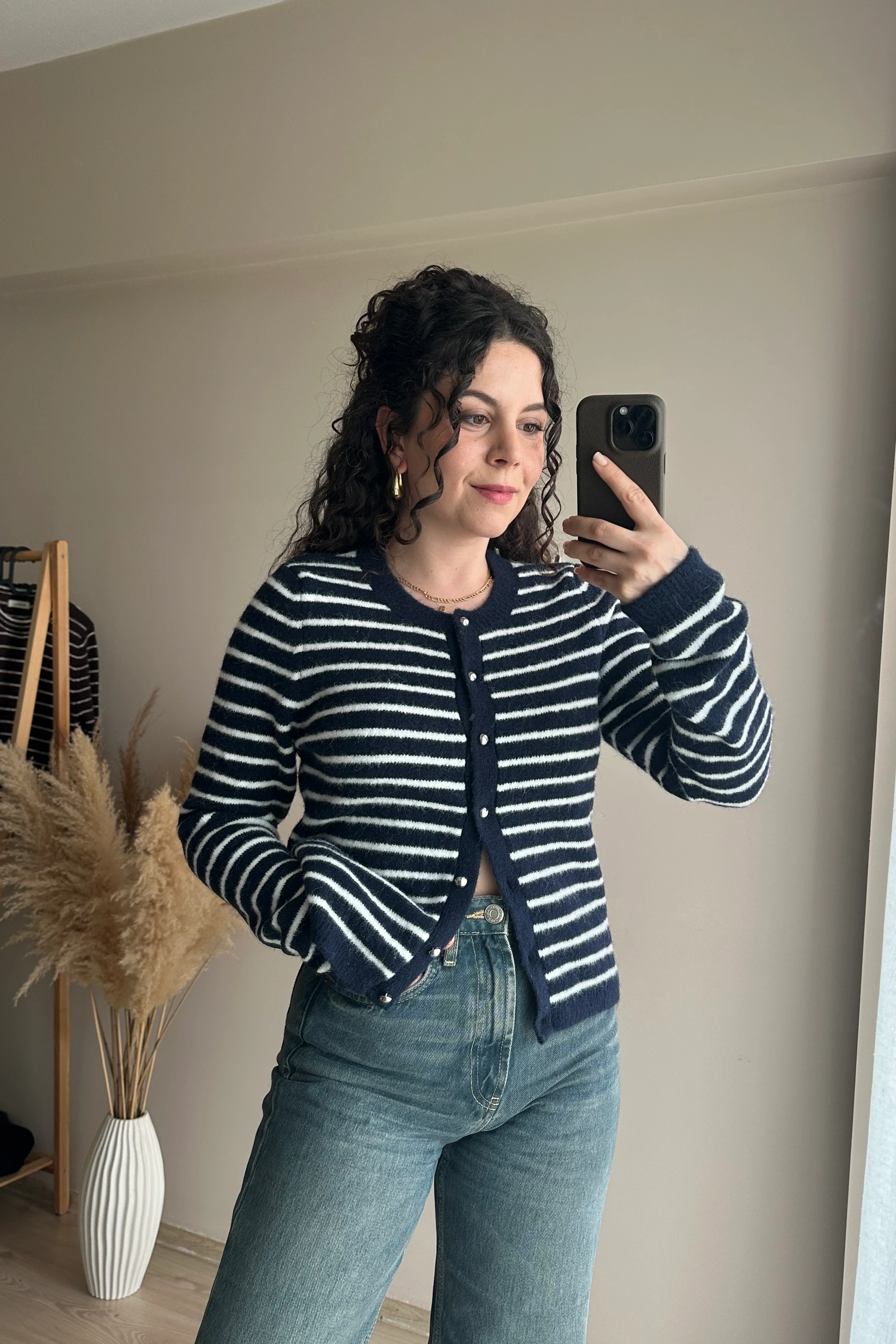 Metal Düğmeli Çizgili Hırka