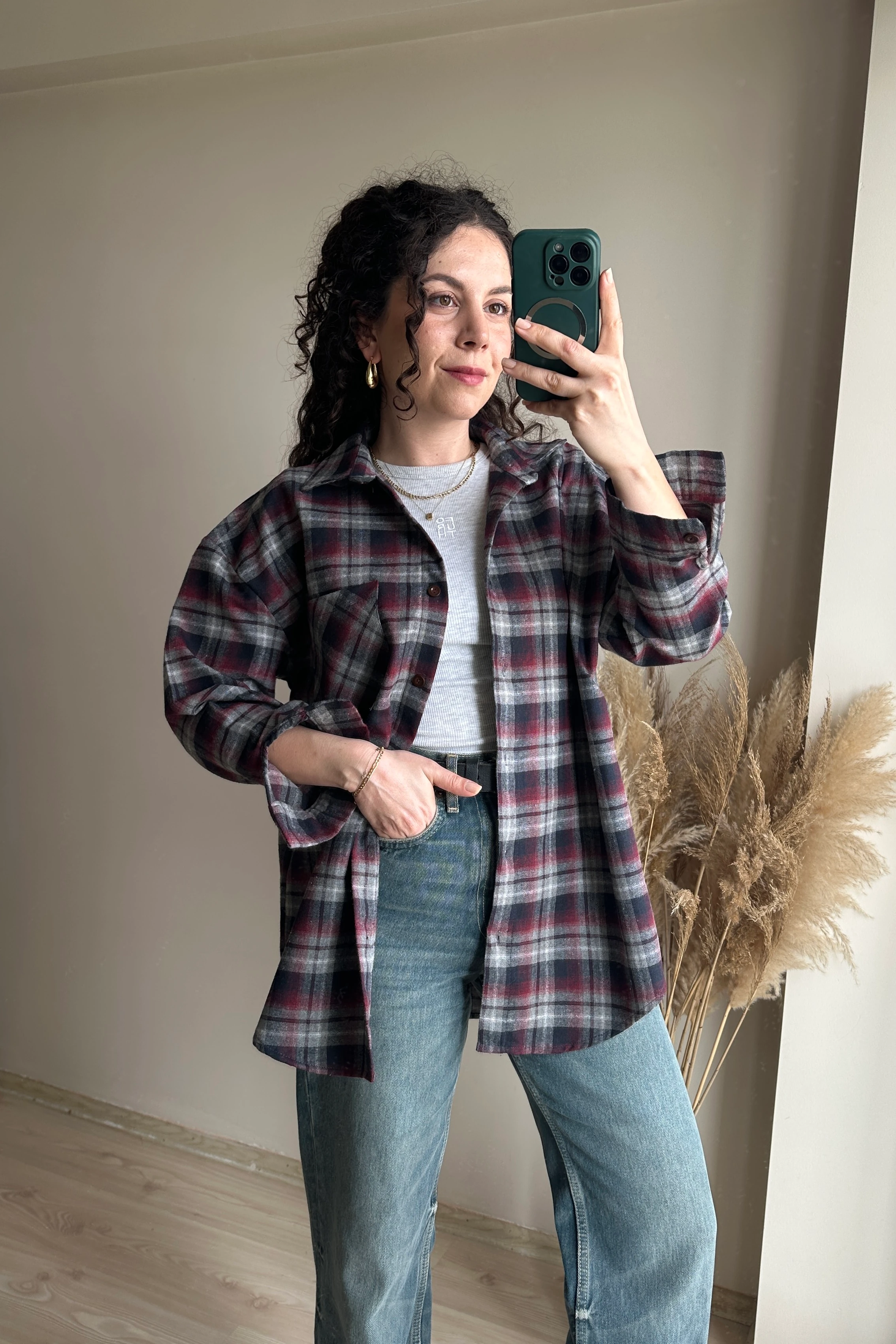 Ekose Oversize Gömlek - %100 Pamuk - Gri