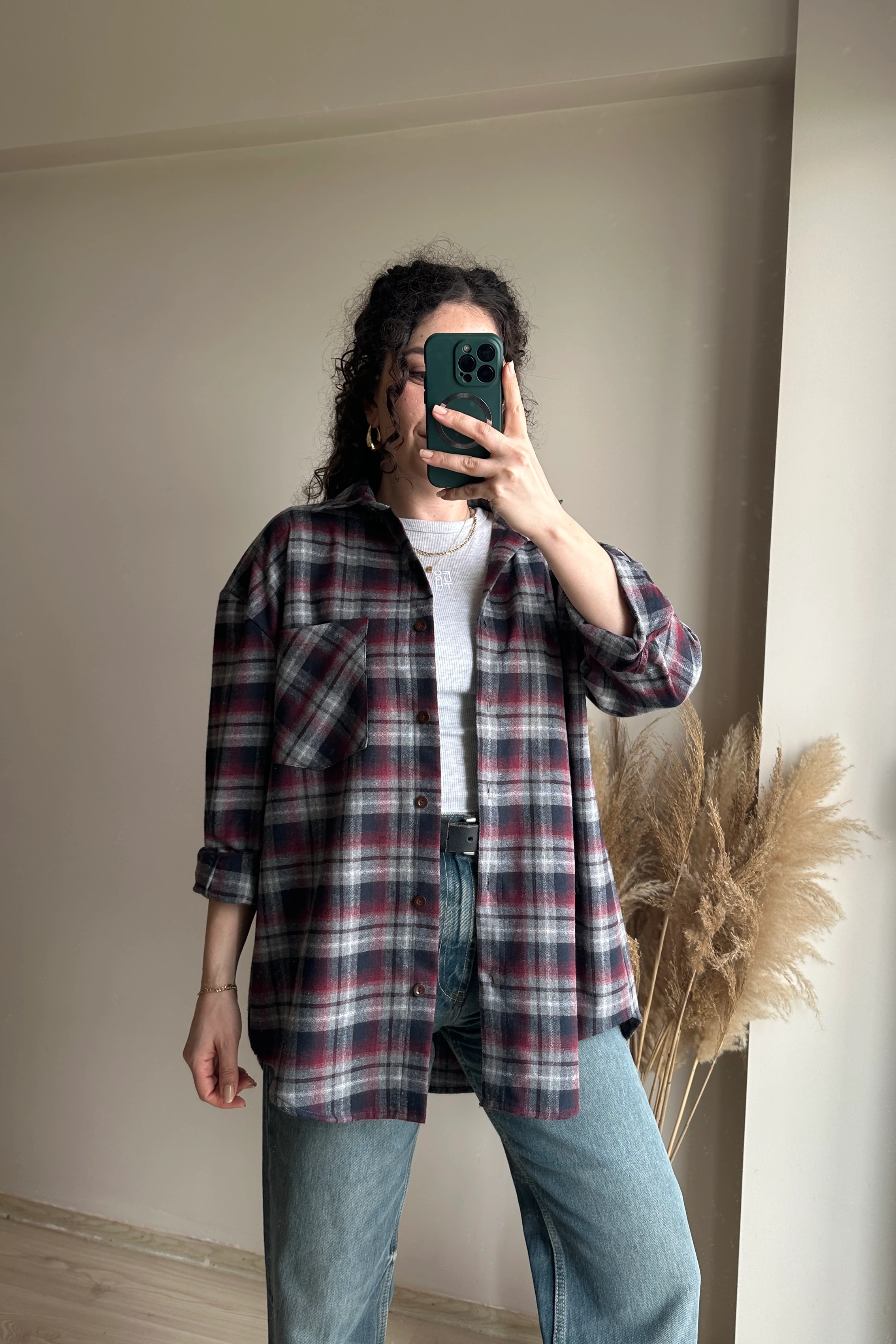 Ekose Oversize Gömlek - %100 Pamuk - Gri