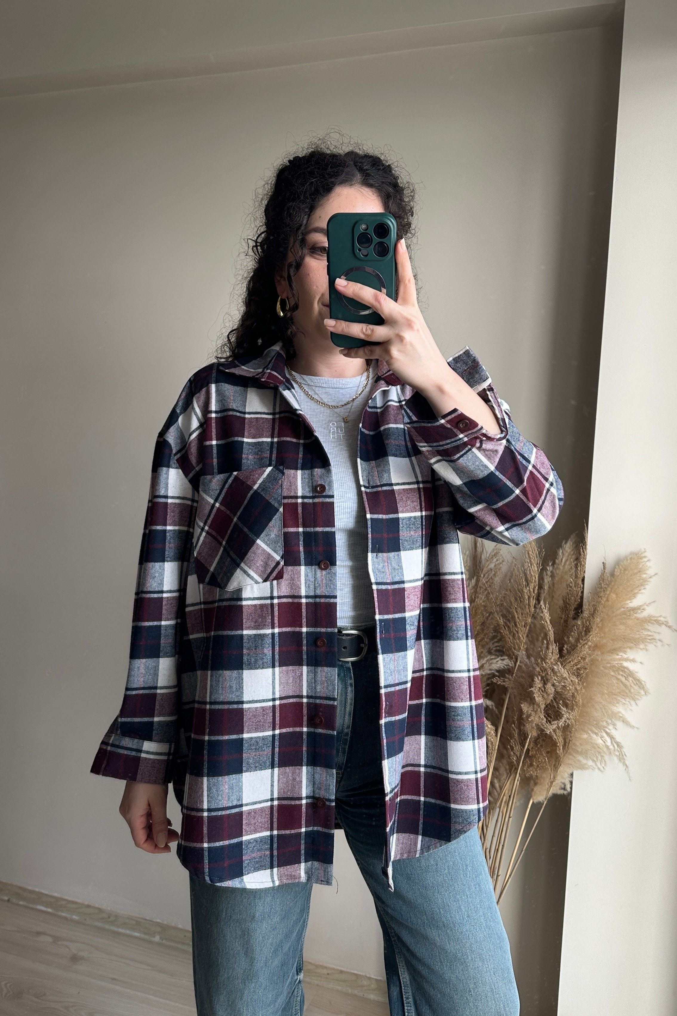 Ekose Oversize Gömlek - %100 Pamuk - Lacivert
