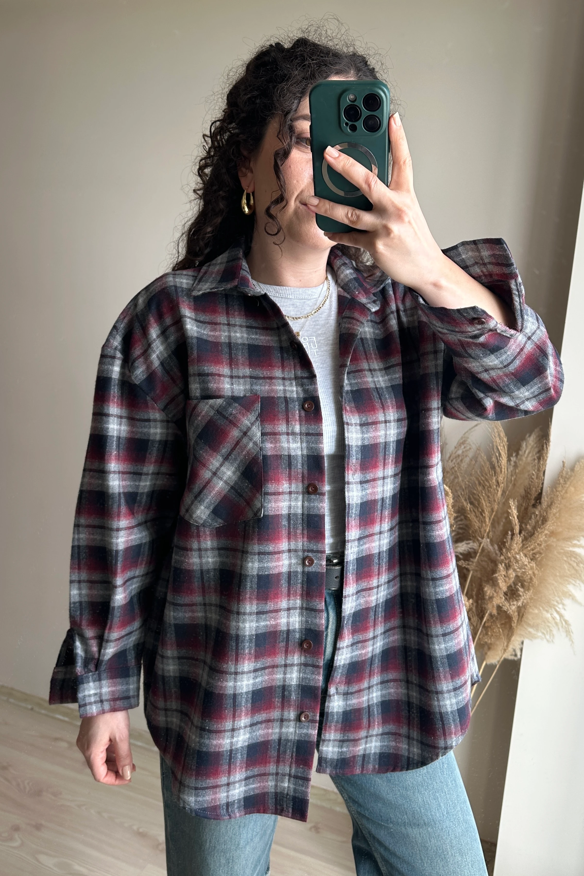 Ekose Oversize Gömlek - %100 Pamuk - Gri