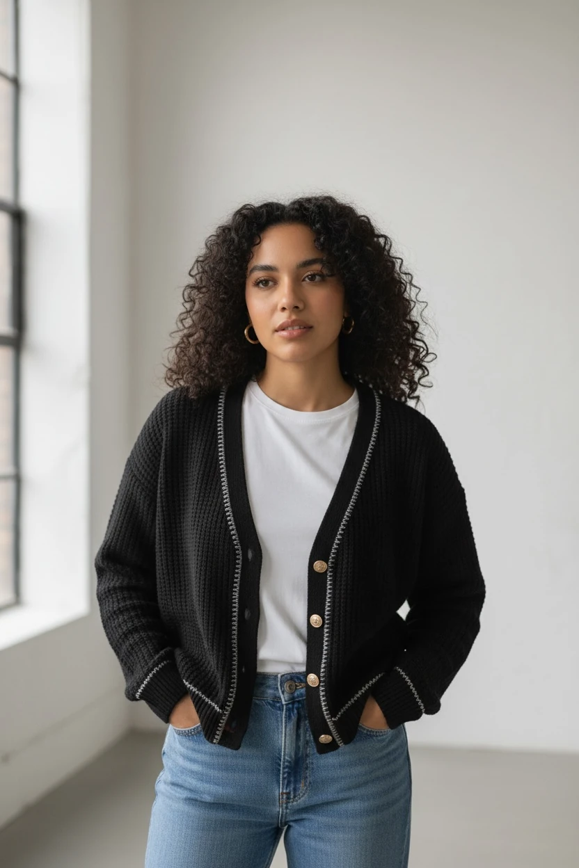 MD V Yaka Hırka - Siyah