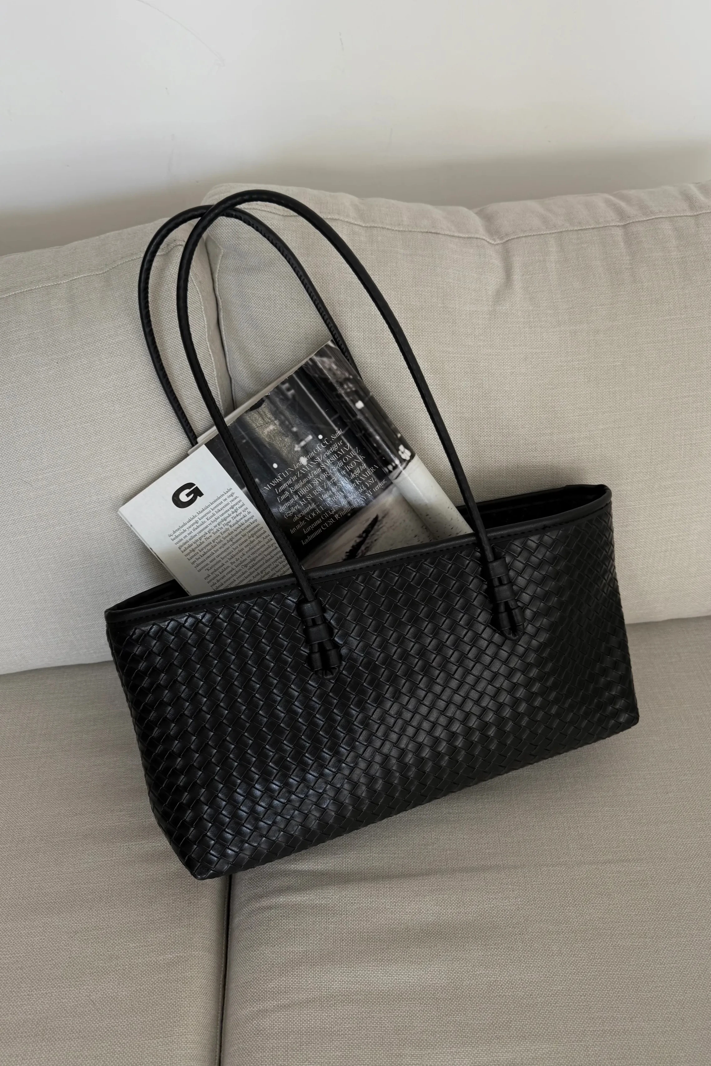 Örgü Desenli Omuz Çantası - Siyah