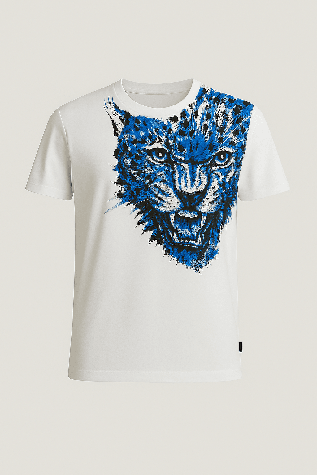 Mavi Leopar Baskılı Beyaz Tişört