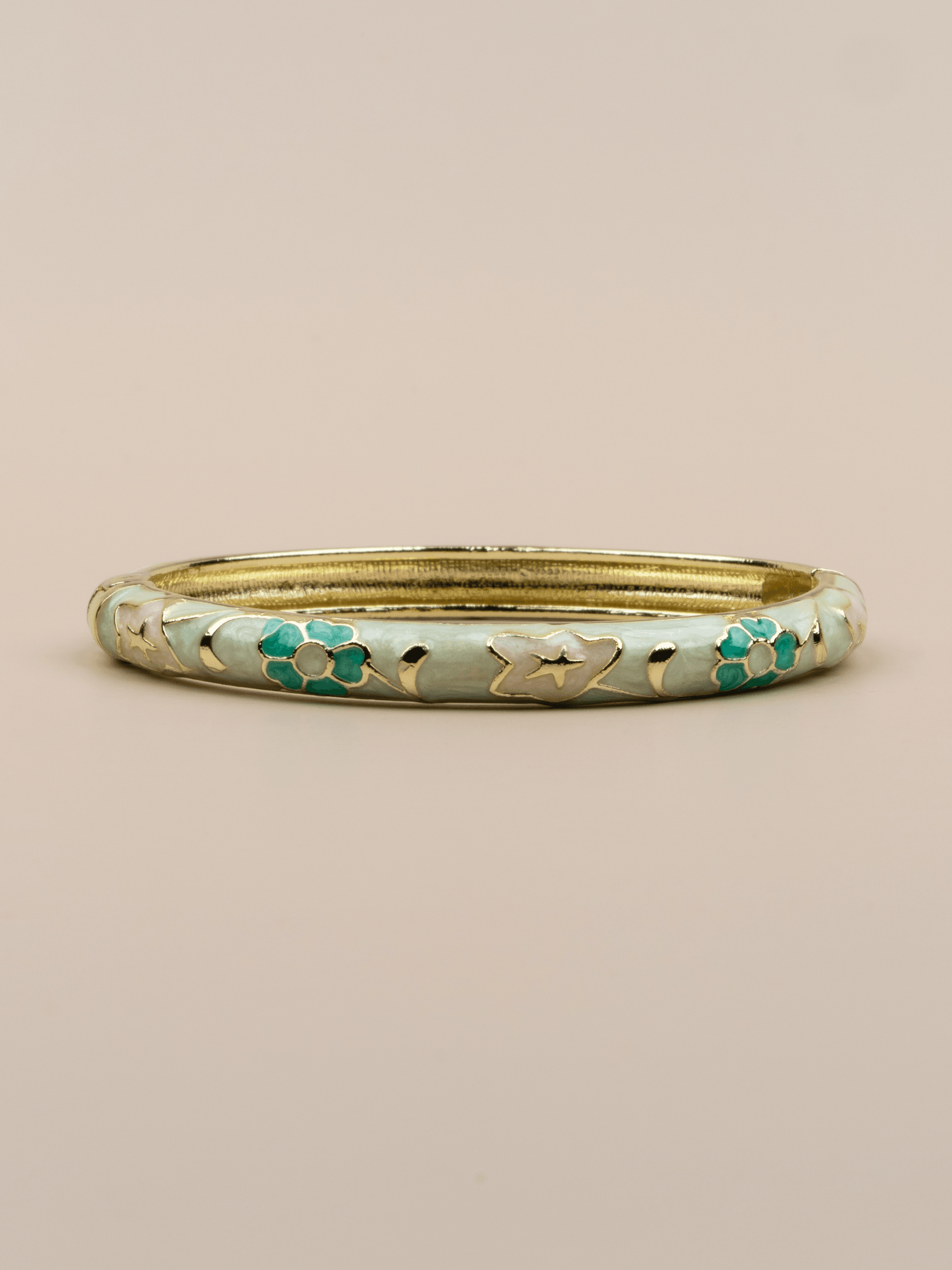 Floravine 14K Altın Kaplama Renkli Çiçek Desenli Mineli Vintage Kelepçe Bileklik - Mint Yeşil (Pastel)