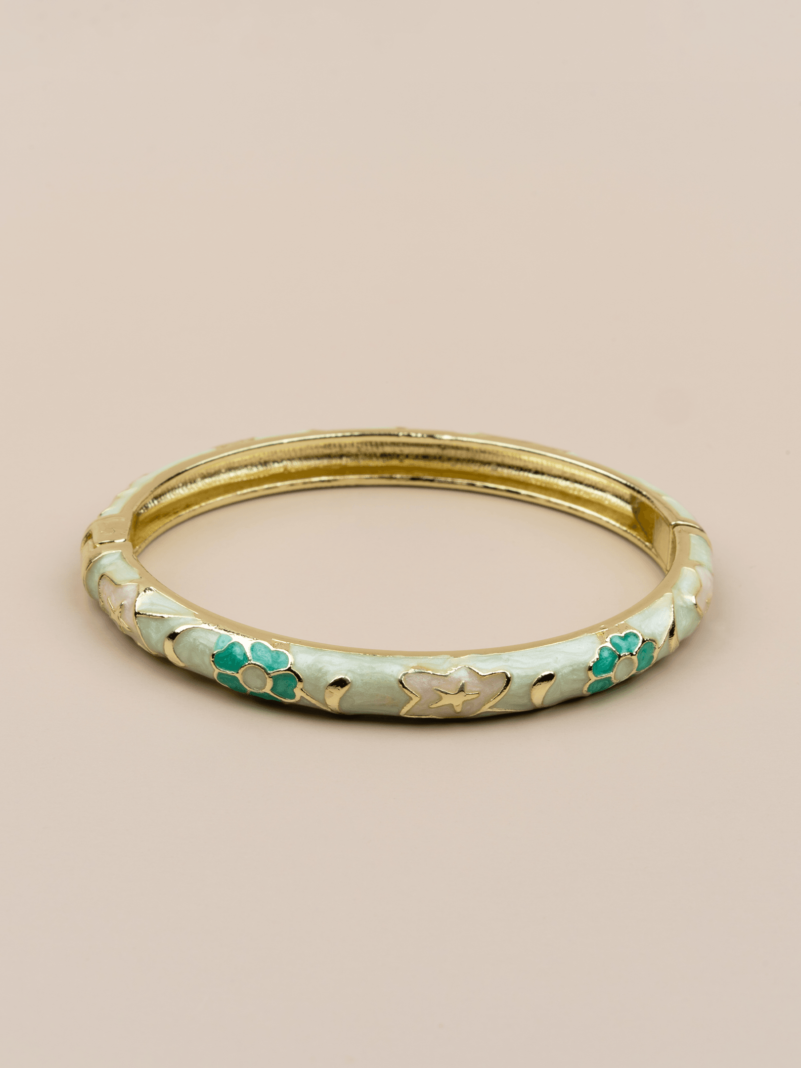 Floravine 14K Altın Kaplama Renkli Çiçek Desenli Mineli Vintage Kelepçe Bileklik - Mint Yeşil (Pastel)