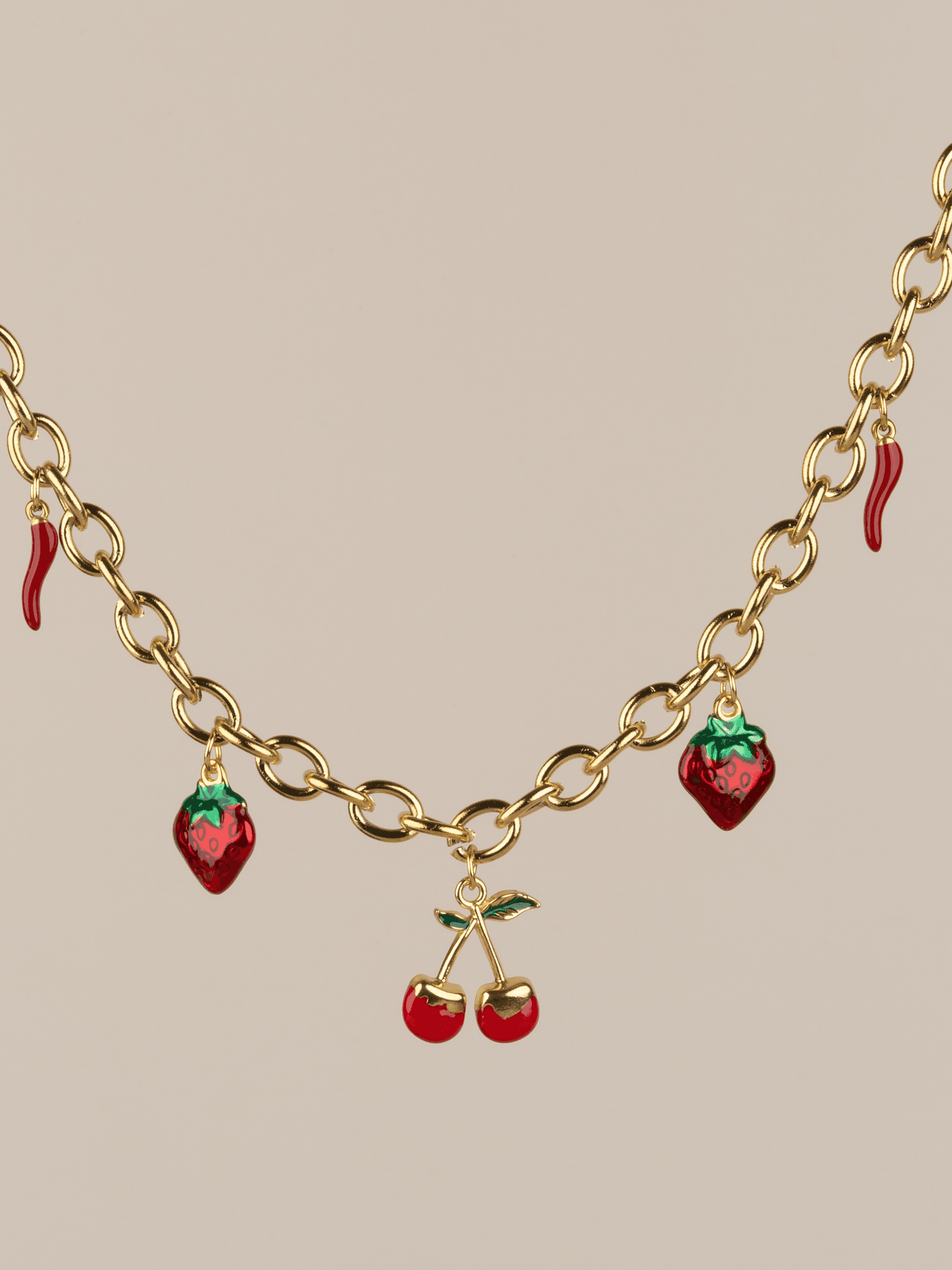 Ismeralda Kiraz Çilek Biber Charm Choker Çelik Kolye