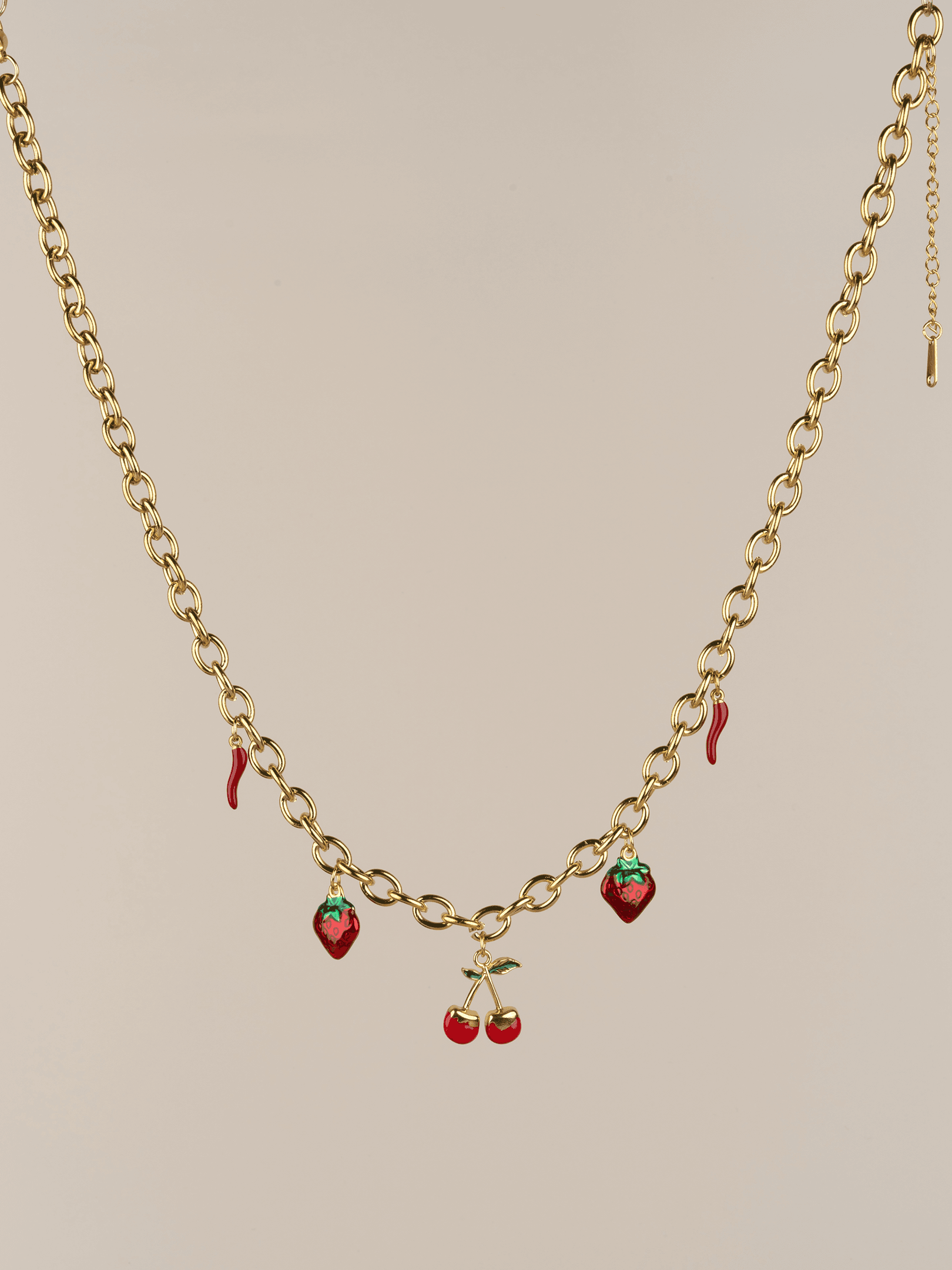 Ismeralda Kiraz Çilek Biber Charm Choker Çelik Kolye