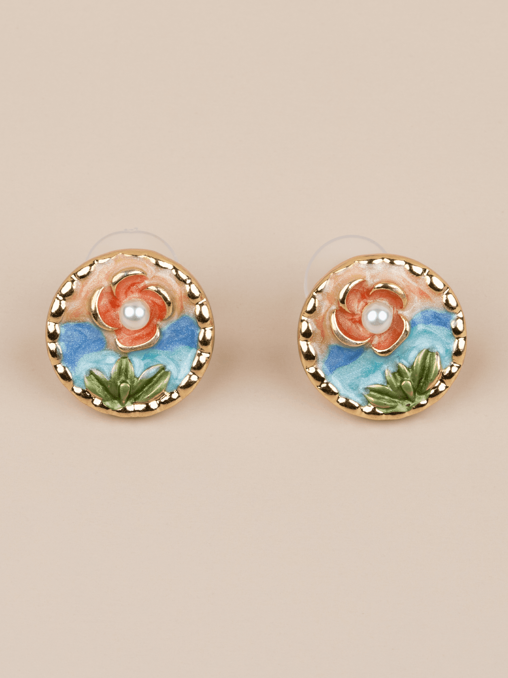 Florencia Mineli Çiçek Motifli İncili Minimal Vintage Sanat Küpe - Pembe-Turuncu