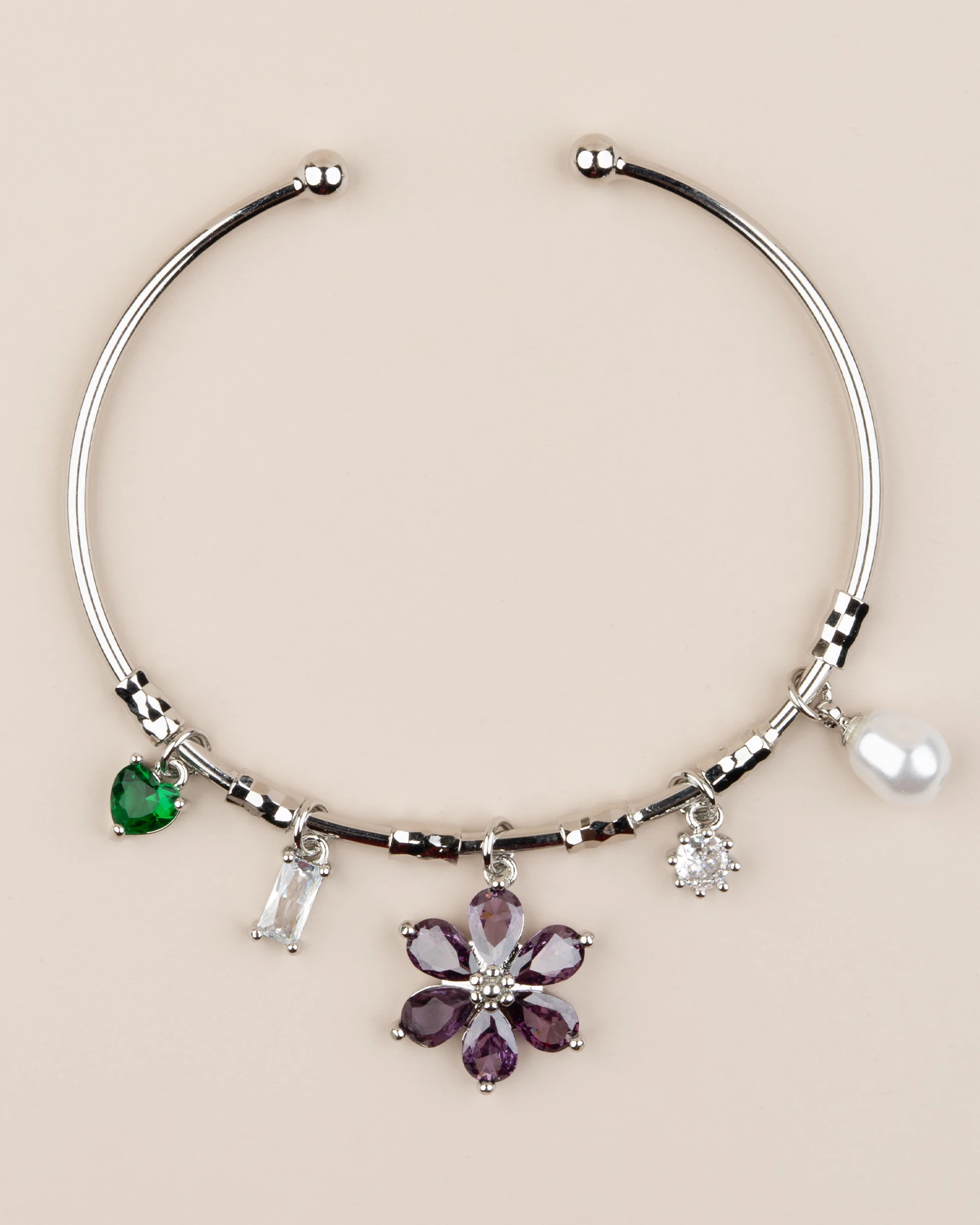 Ayarlanabilir Çiçekli Charm Kelepçe Bileklik - Gümüş