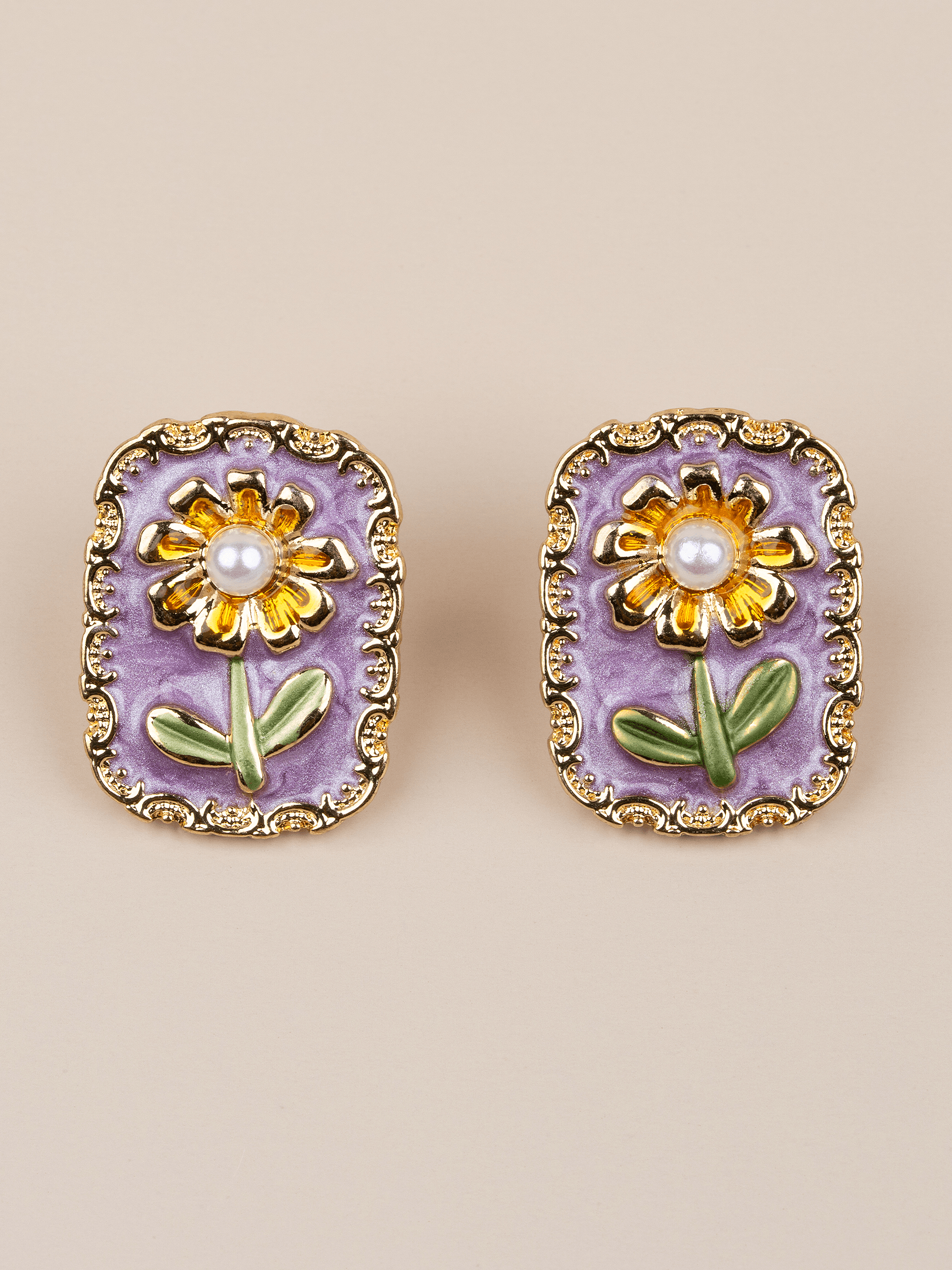 Sunfloria Papatya Motifli Mineli İncili Vintage Sanat Küpe - Eflatun