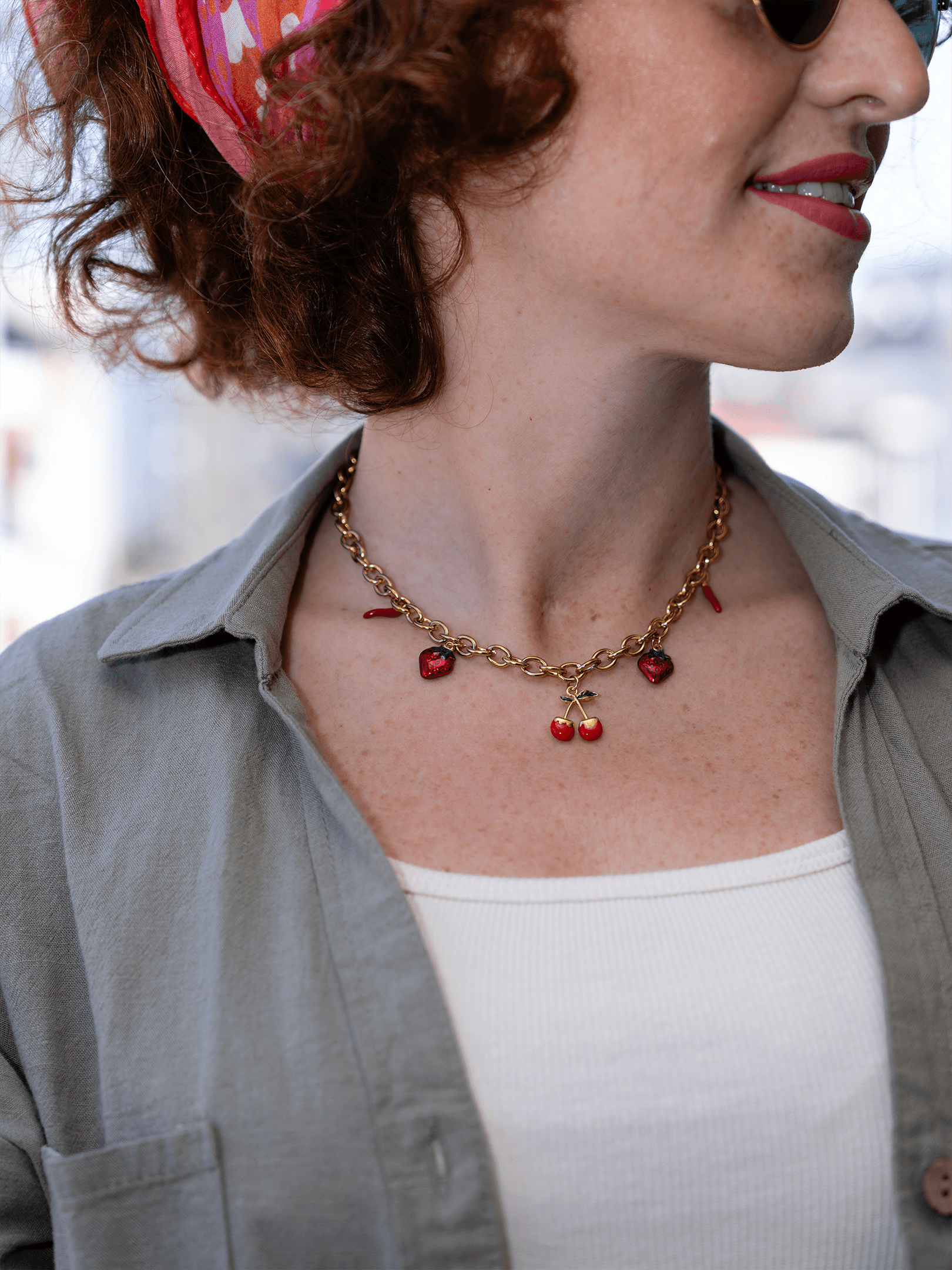 Ismeralda Kiraz Çilek Biber Charm Choker Çelik Kolye