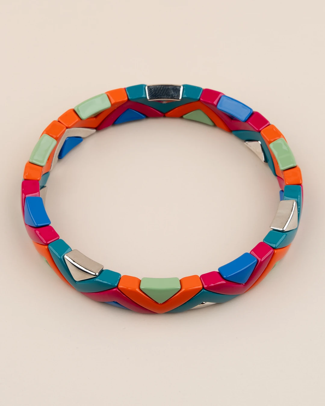 Porselen Kaplama Üç Renkli Üçgen Lastikli Bileklik - Turuncu-Pembe-Yeşil