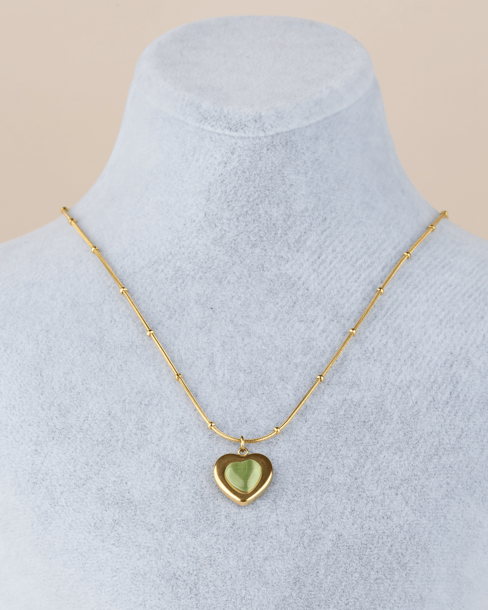 Veloria Opal Taşlı Kalp Çelik Kolye - Yeşil (Gold)