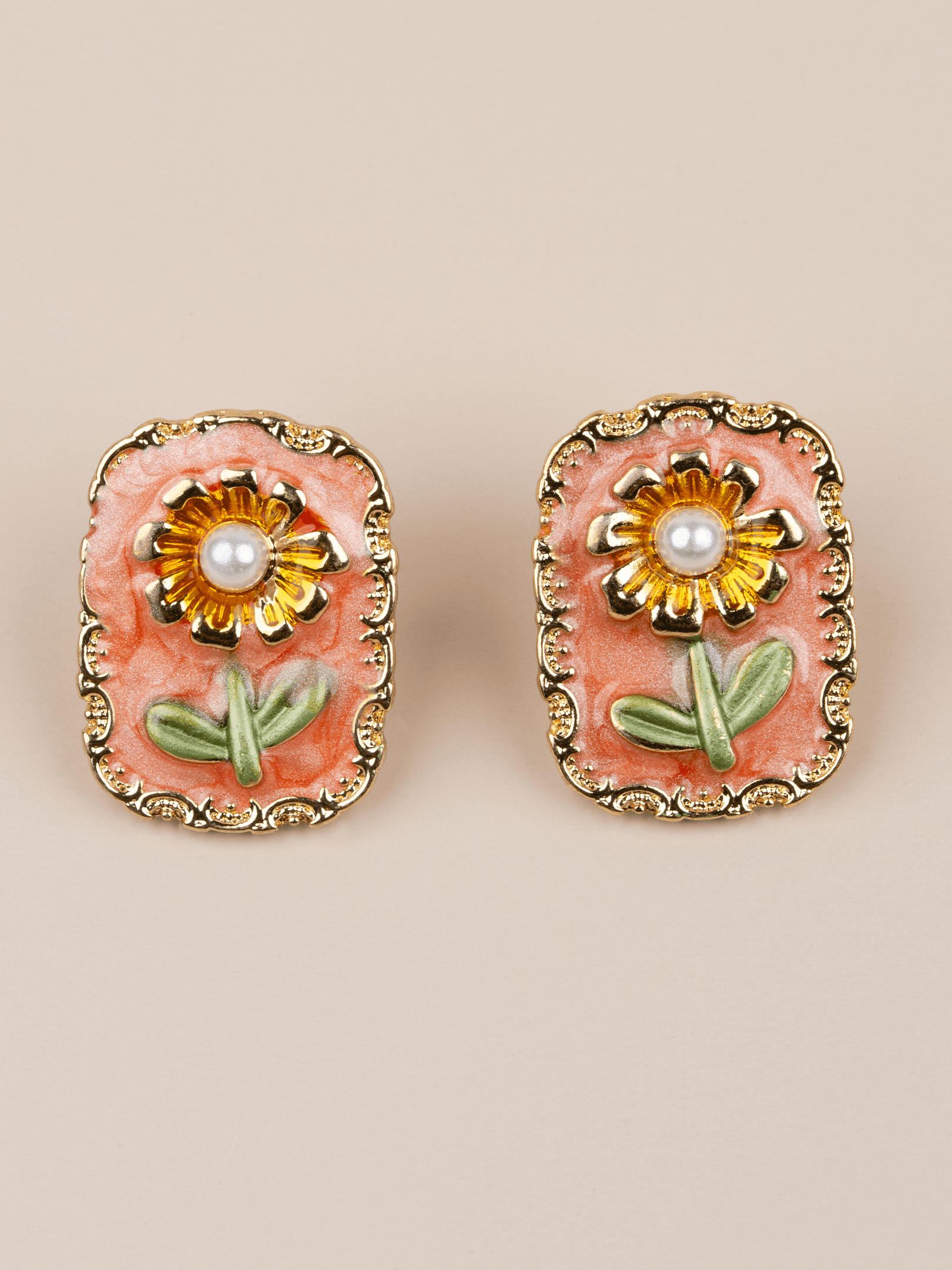 Sunfloria Papatya Motifli Mineli İncili Vintage Sanat Küpe - Pembe-Turuncu