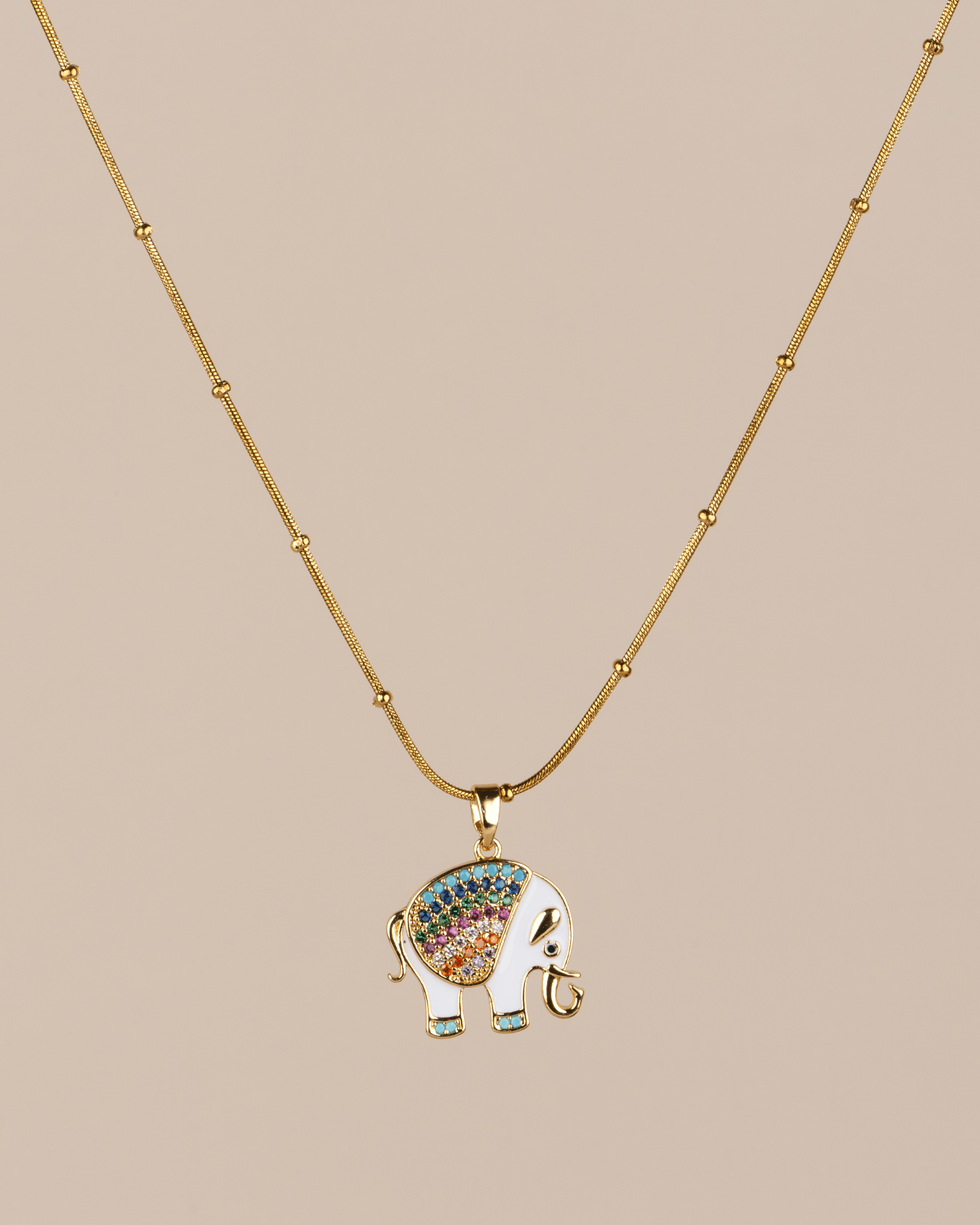 Elephora Renkli Zirkon Taşlı Beyaz Mineli Fil Motifli Çelik Kolye