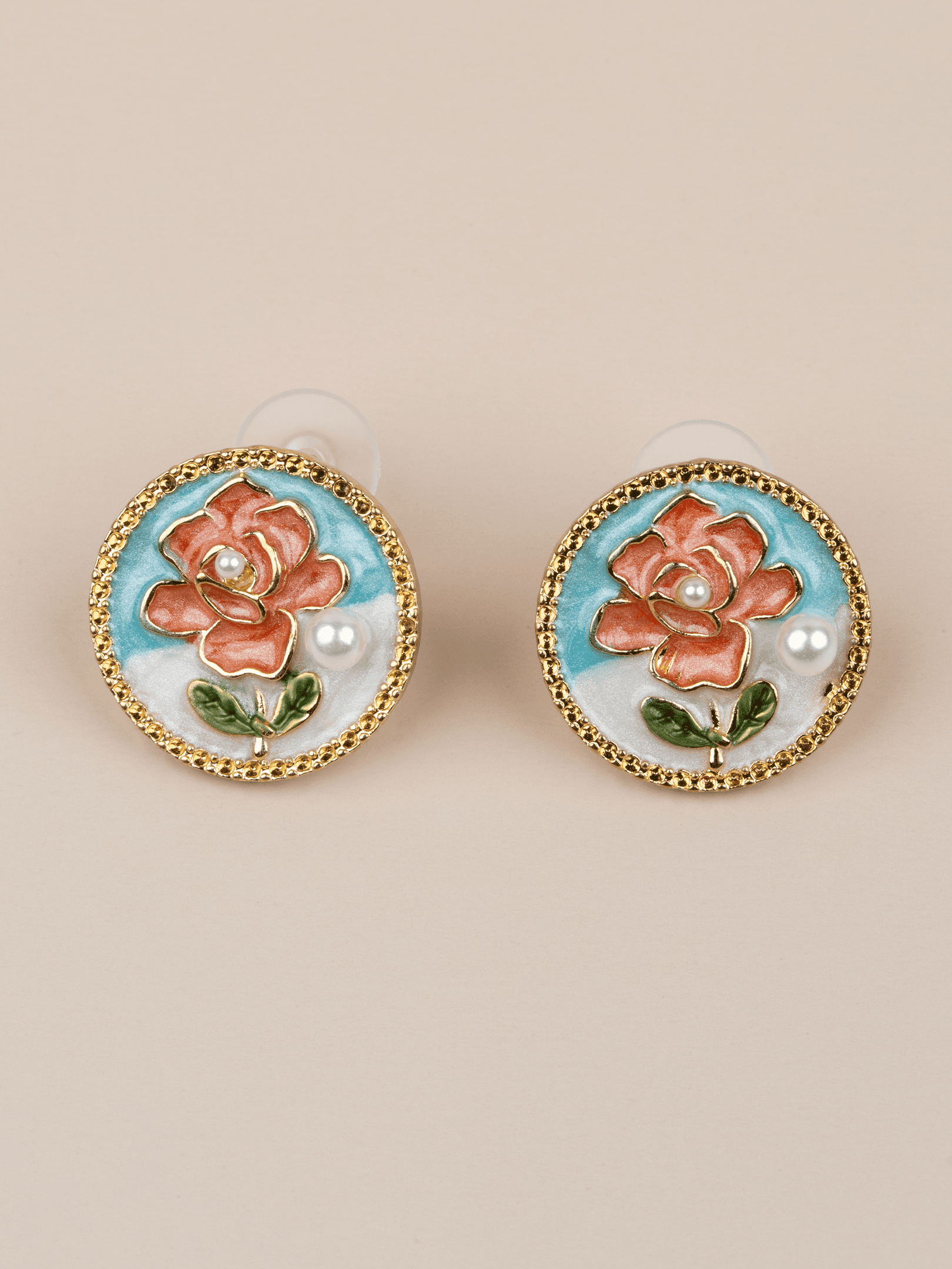 Alvéria Çiçek Motifli Mavi Beyaz Mineli İncili Vintage Sanat Küpe - Pembe-Turuncu