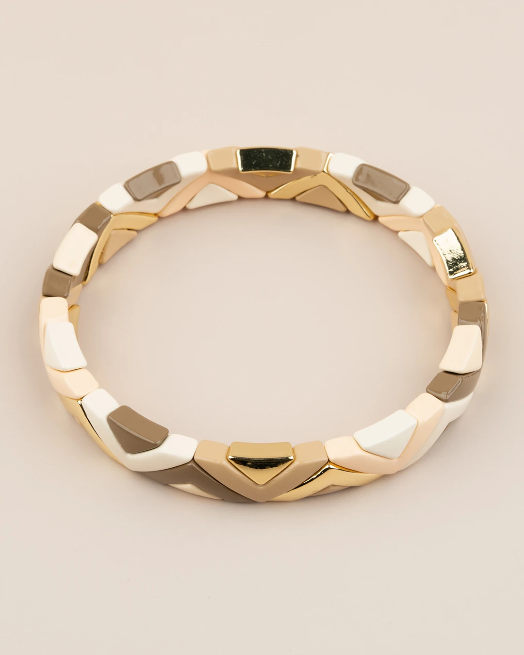 Porselen Kaplama Üç Renkli Üçgen Lastikli Bileklik - Kahve-Gold-Krem