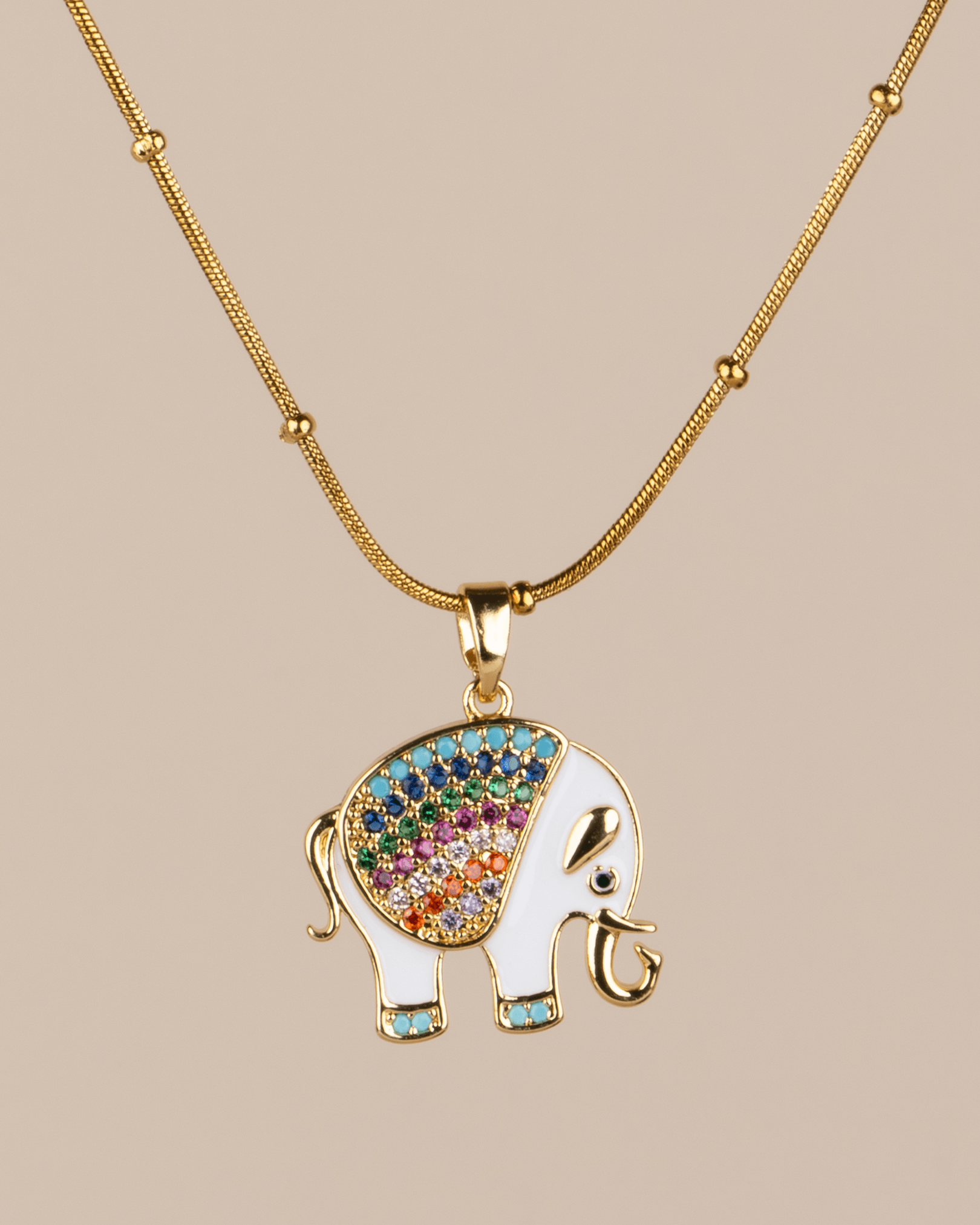 Elephora Renkli Zirkon Taşlı Beyaz Mineli Fil Motifli Çelik Kolye