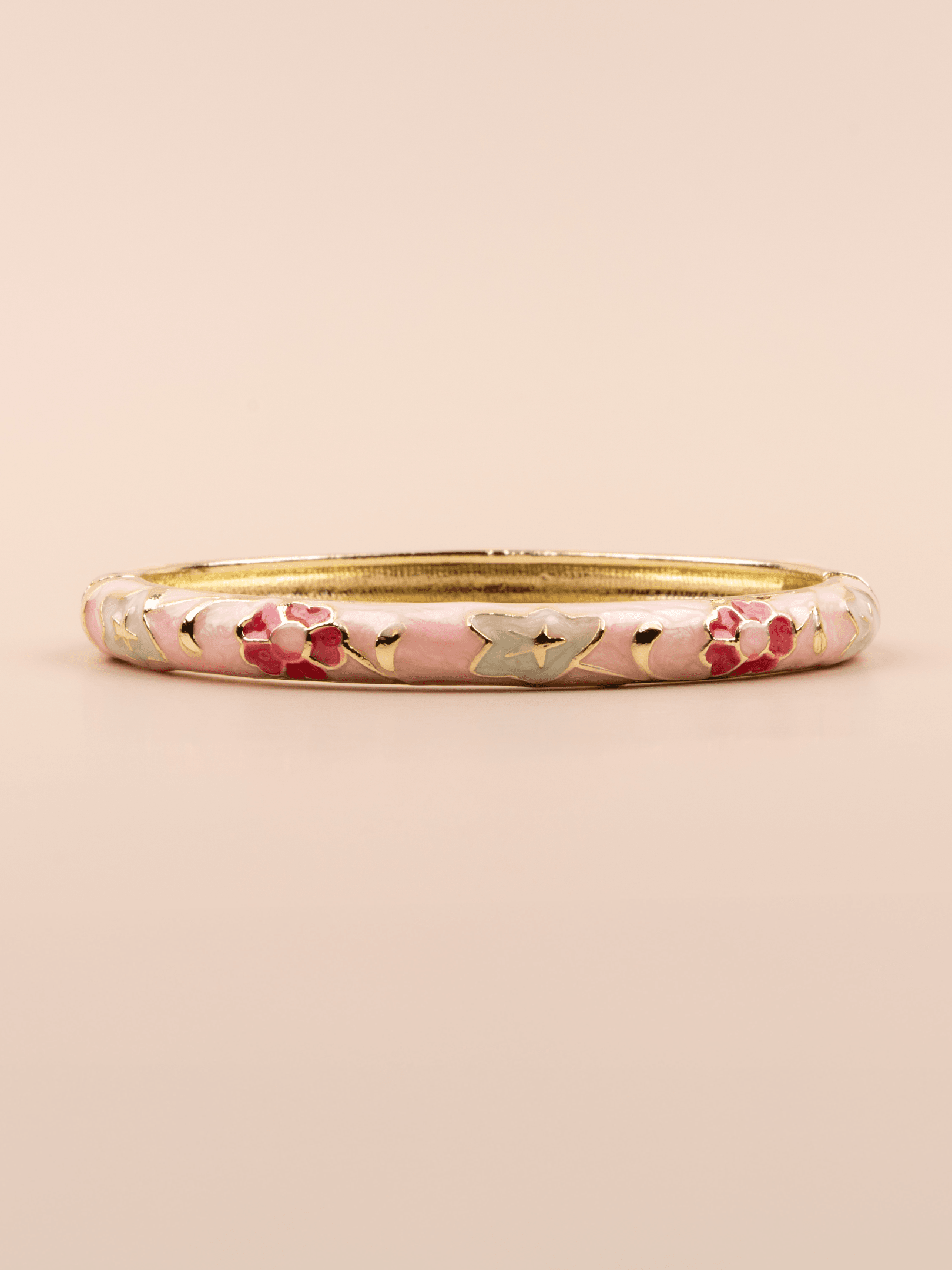 Floravine 14K Altın Kaplama Renkli Çiçek Desenli Mineli Vintage Kelepçe Bileklik - Pembe