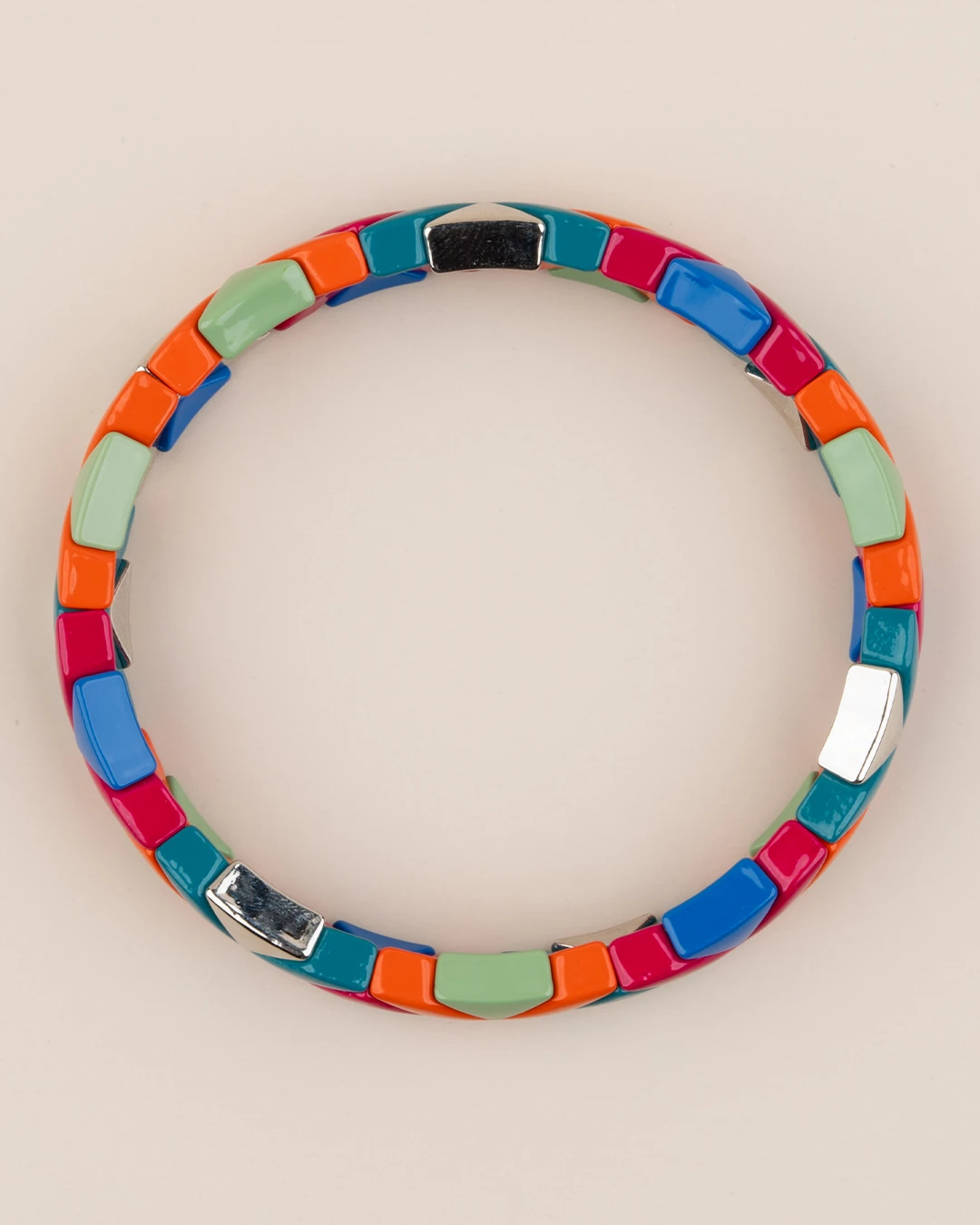 Porselen Kaplama Üç Renkli Üçgen Lastikli Bileklik - Turuncu-Pembe-Yeşil