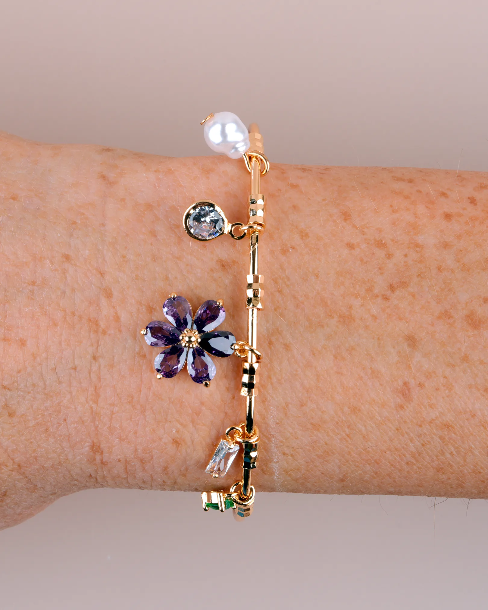 Ayarlanabilir Çiçekli Charm Kelepçe Bileklik - Gold