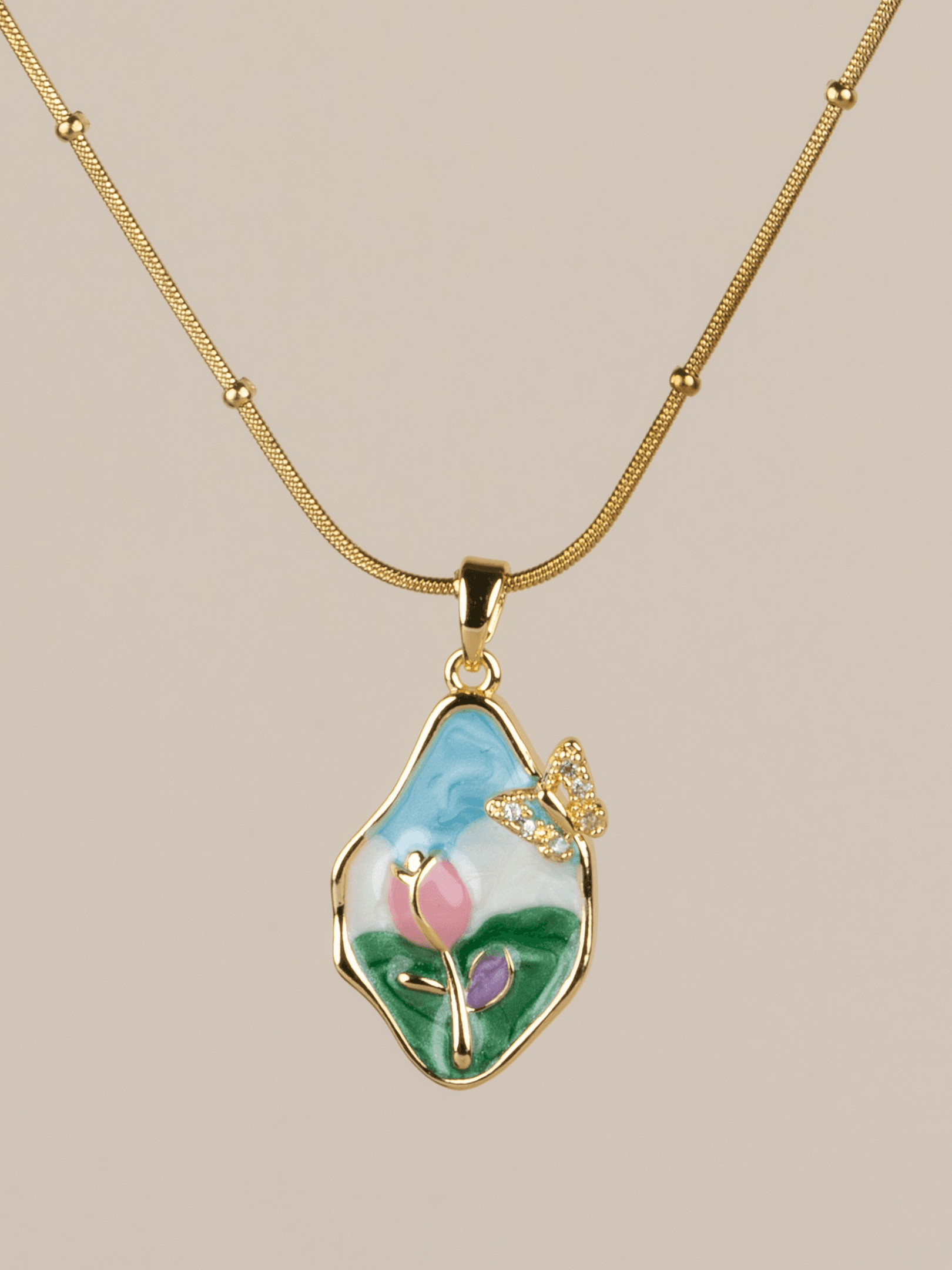 Florissa Zirkon Taşlı Kelebekli Pembe Lale Figür Çelik Sanat Kolye