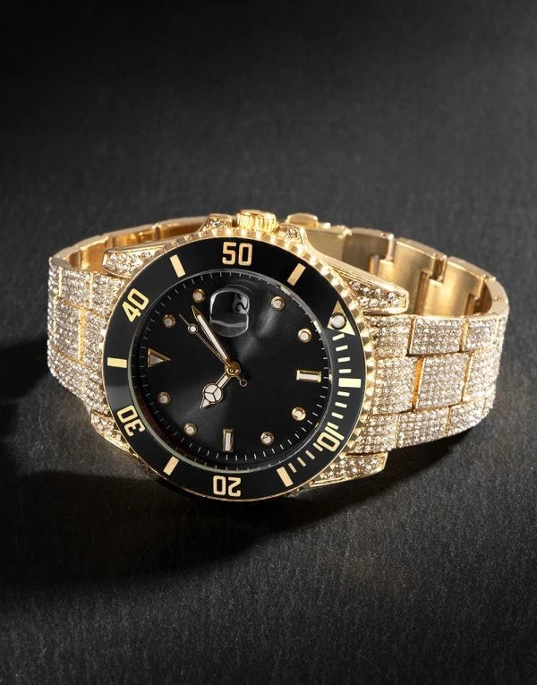 Iced Submariner Case Watch Black Gold