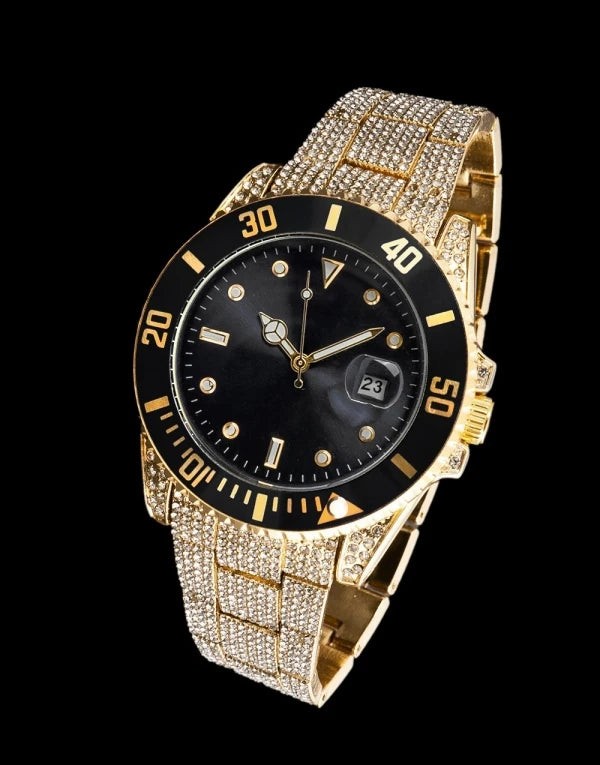 Iced Submariner Case Watch Black Gold