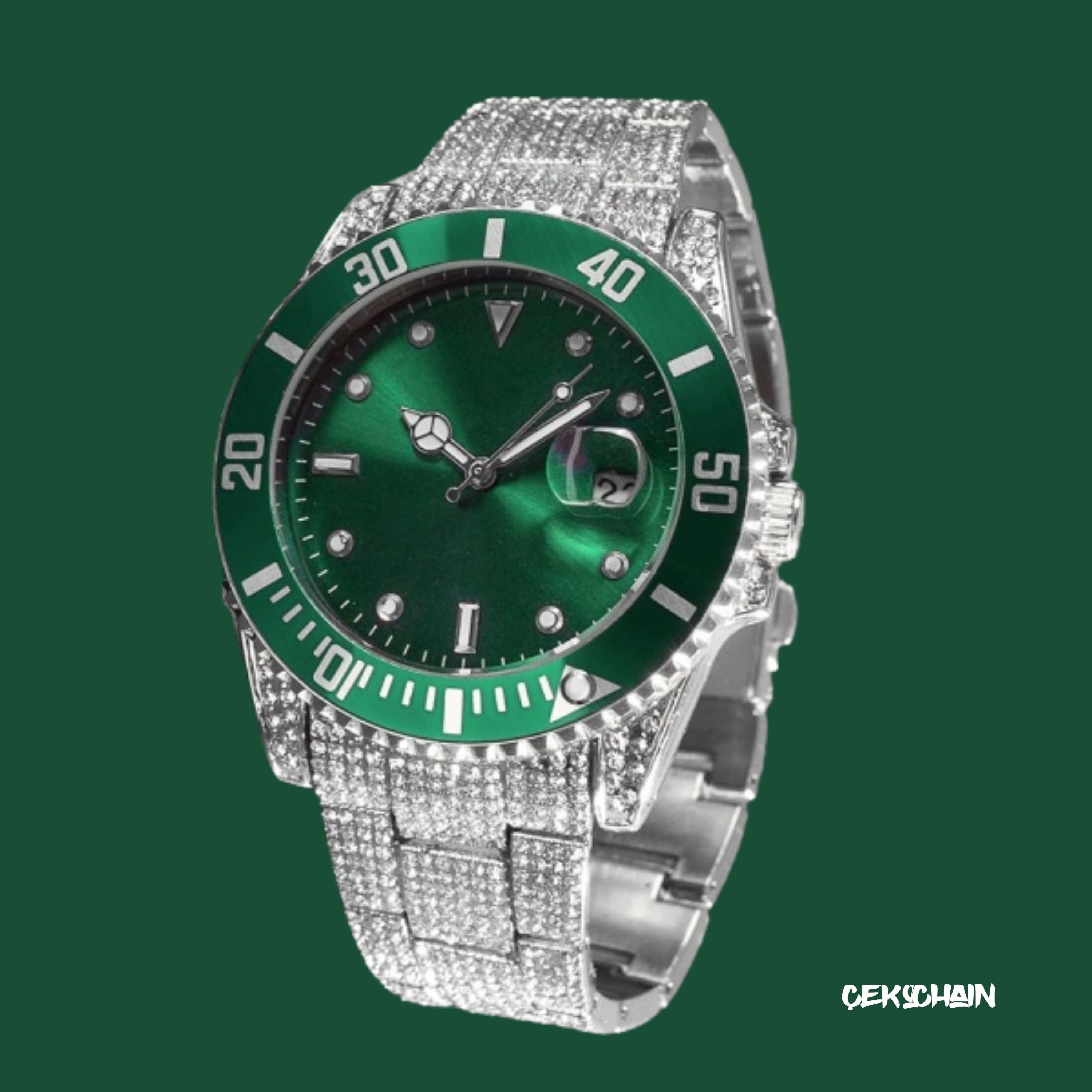 Iced Submariner Case Watch - Green-Silver