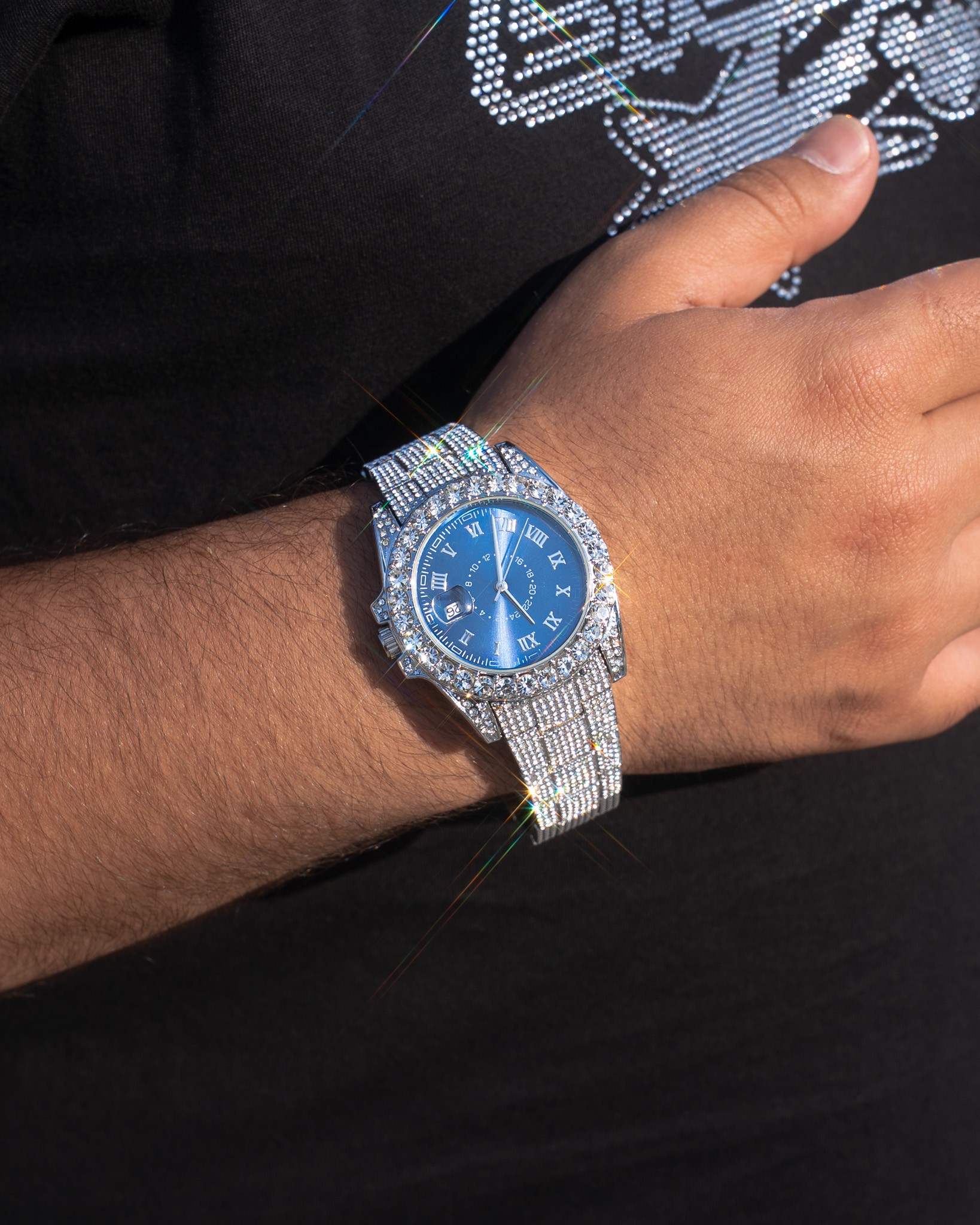 Blue Iced Out Watch Saat