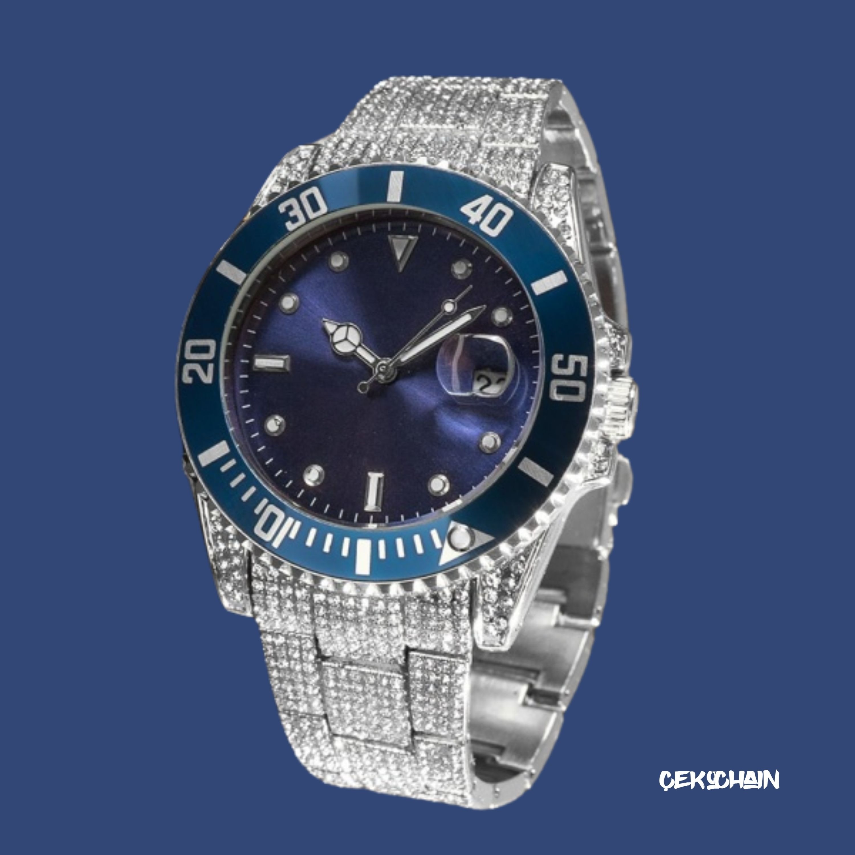 Iced Submariner Case Watch - Blue-Silver