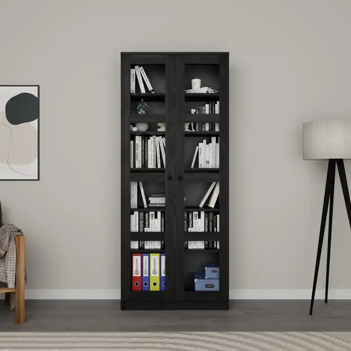 Lucas Cam Kapaklı Vitrin - Büfe - Kitaplık ve Çok Amaçlı Dolap ( AYARLANABİLİR RAF ) - Siyah